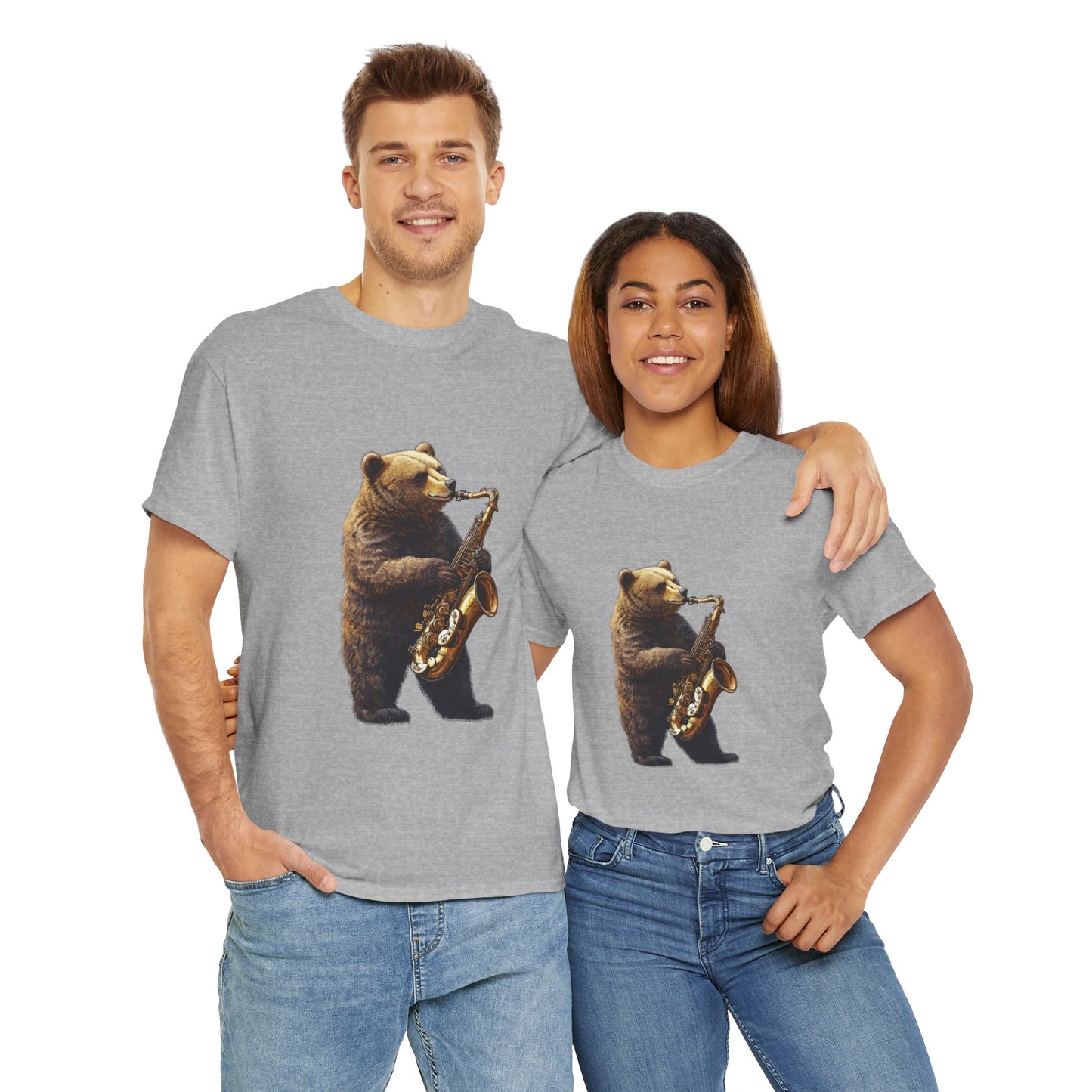 Saxophone Bear Unisex Heavy Cotton Tee, Music Lover Shirt, Gift for Musicians, Cute Animal Tee, Fun Jazz T-Shirt