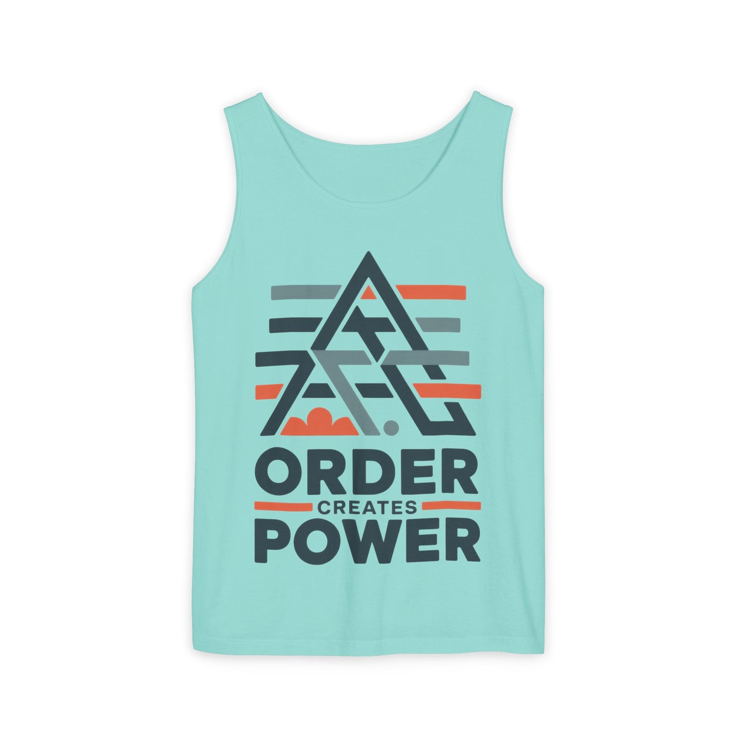 Mens Garment-Dyed Tank Top, Mens Tank Top Order Creates Power, Minimal Geometric Motivational Graphic Summer Shirt