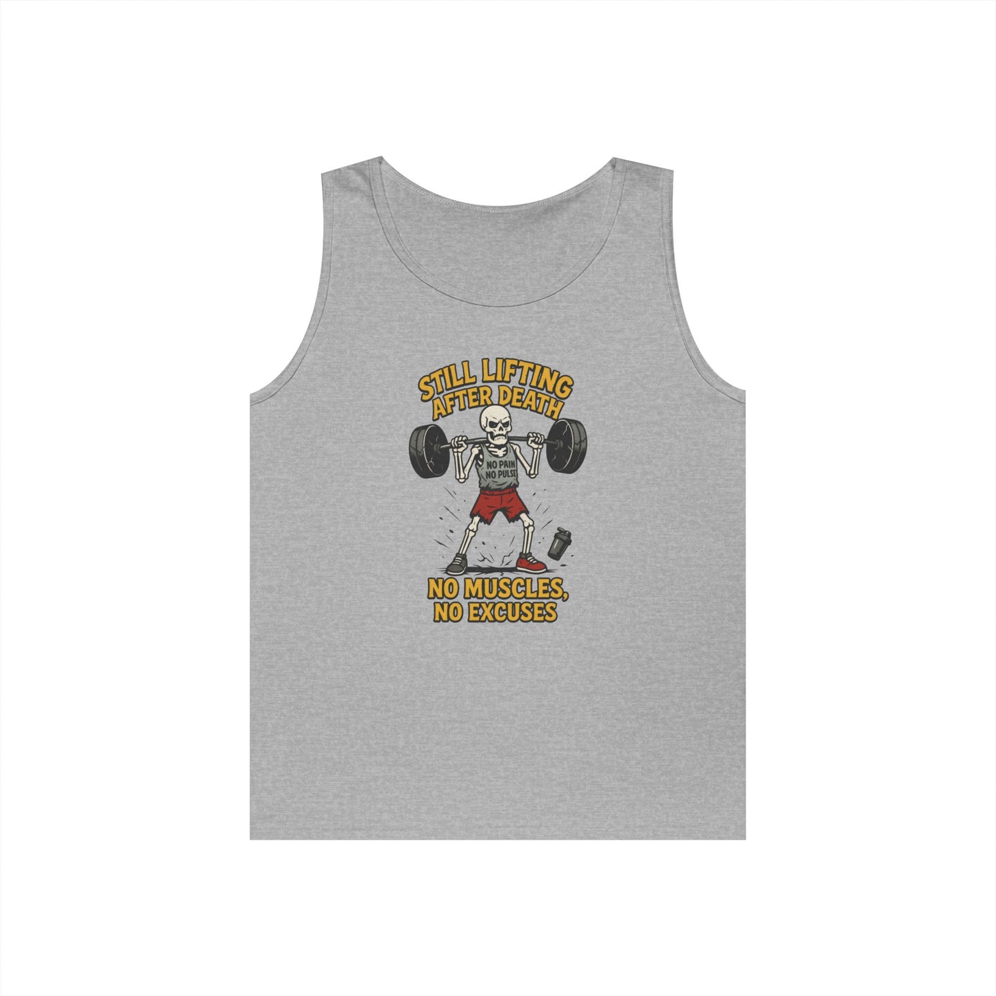 Funny Skeleton Gym Tank Top, Still Lifting After Death, Funny Workout Tee for Men, Fitness Gift, Halloween Apparel, Unisex Cotton Tank Top
