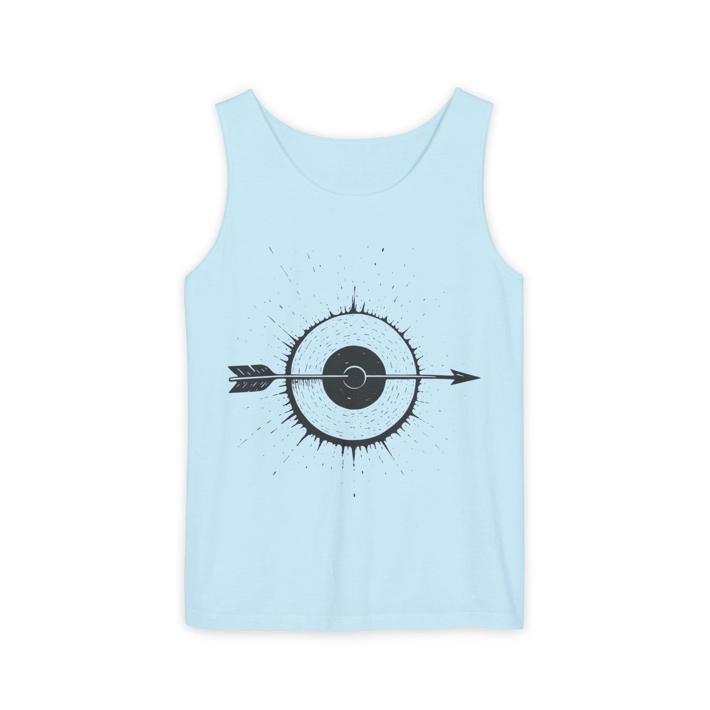 Mens Garment-Dyed Tank Top with Target Arrow Design, Casual Wear, Summer Essentials, Gym Wear, Gifts for Archery Lovers