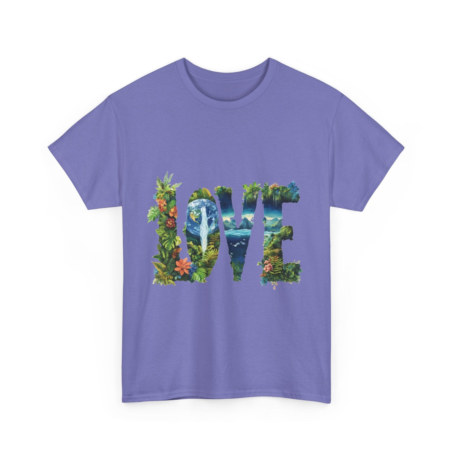 LOVE Nature Art Womens Heavy Cotton Tee, Earth Day Jungle Forest Graphic T-Shirt, Eco Friendly Gift Shirt, Nature-Inspired Love Tee