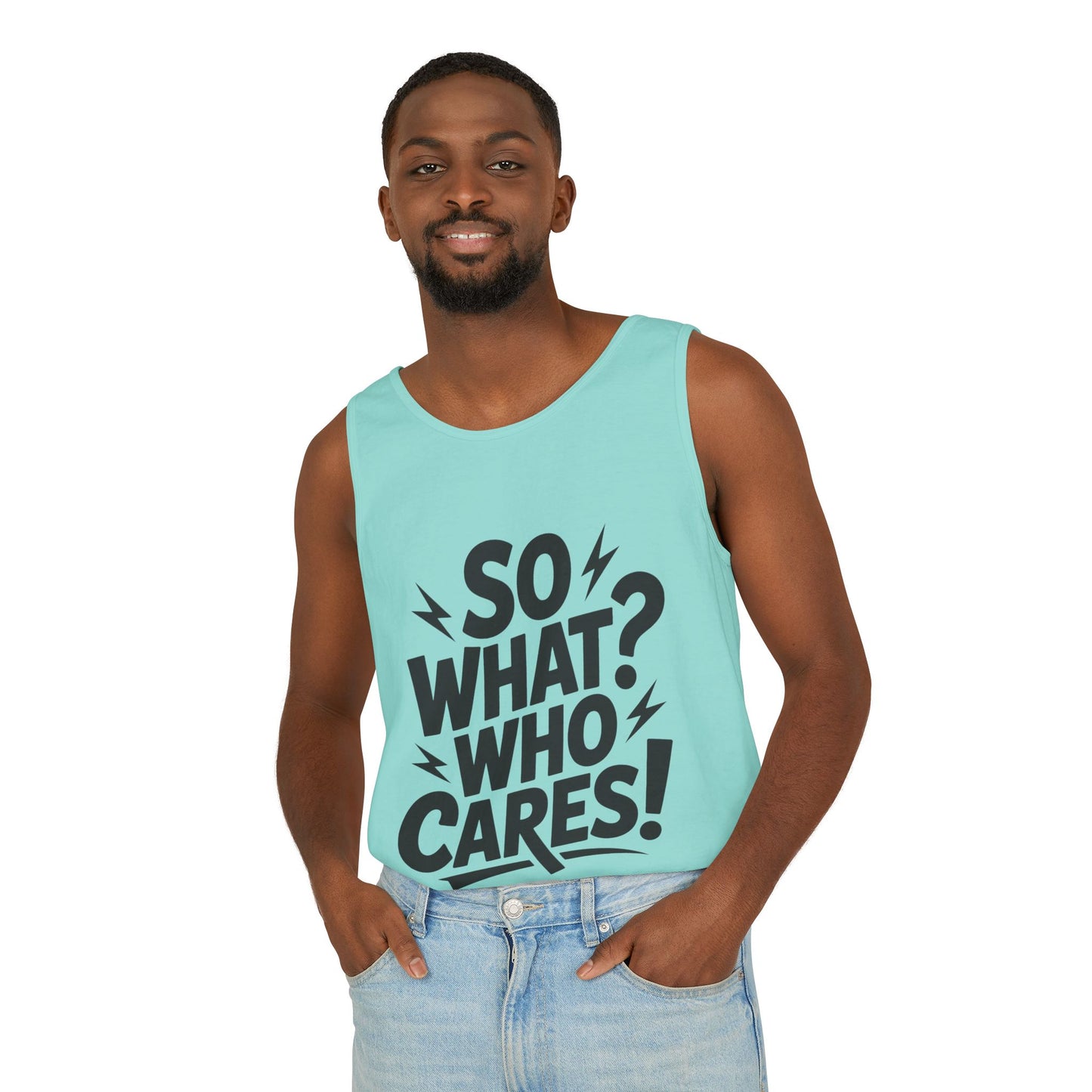 Mens Tank Top, "So What? Who Cares!", Casual Summer Wear, Beach Trip, Festival Outfit, Lightning Print, Sarcastic Summer Tee, Gym Tank