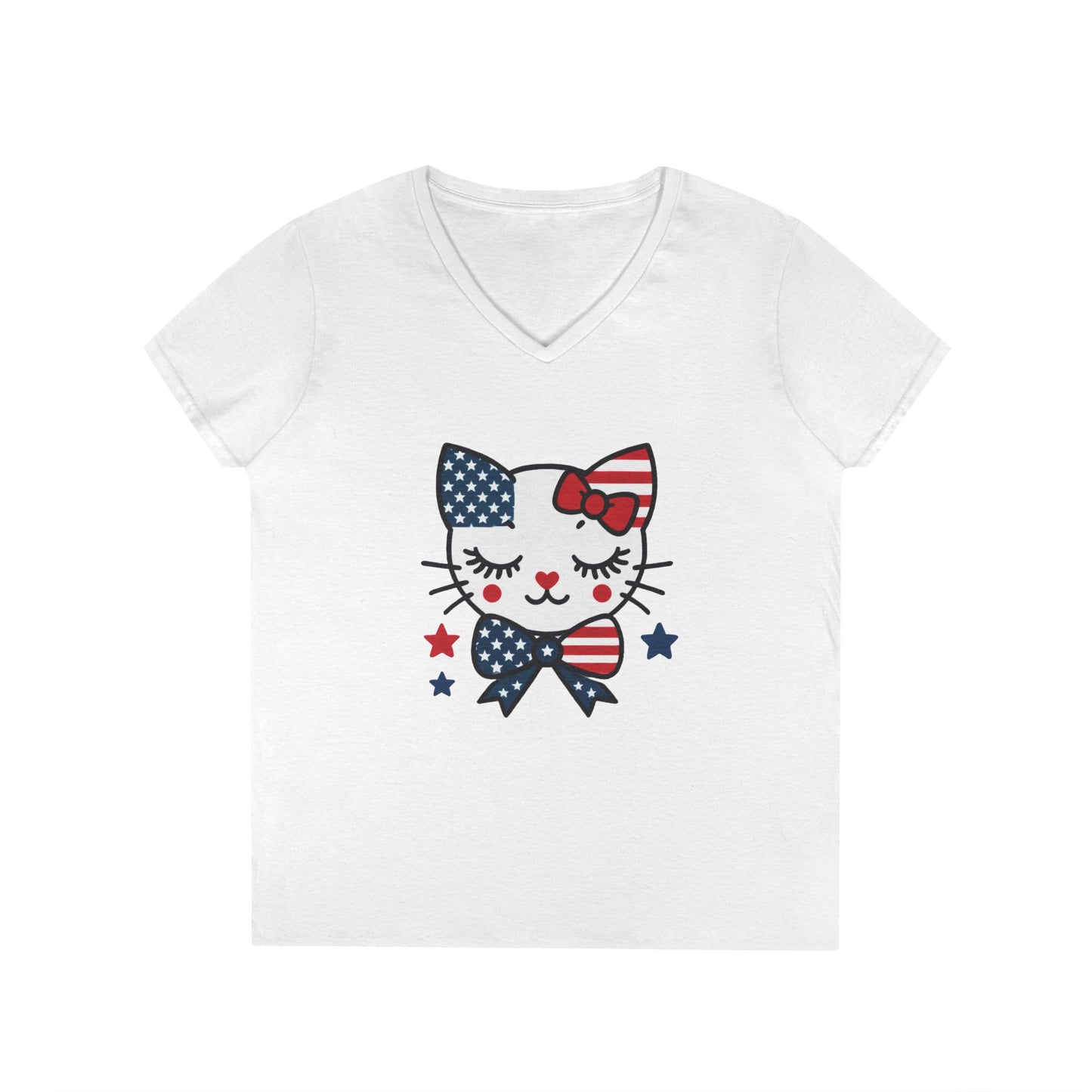 Patriotic Cat Ladies' V-Neck T-Shirt, Cute Tee, July 4th Top, Independence Day Shirt, Gift for Cat Lovers, Casual Summer Wear