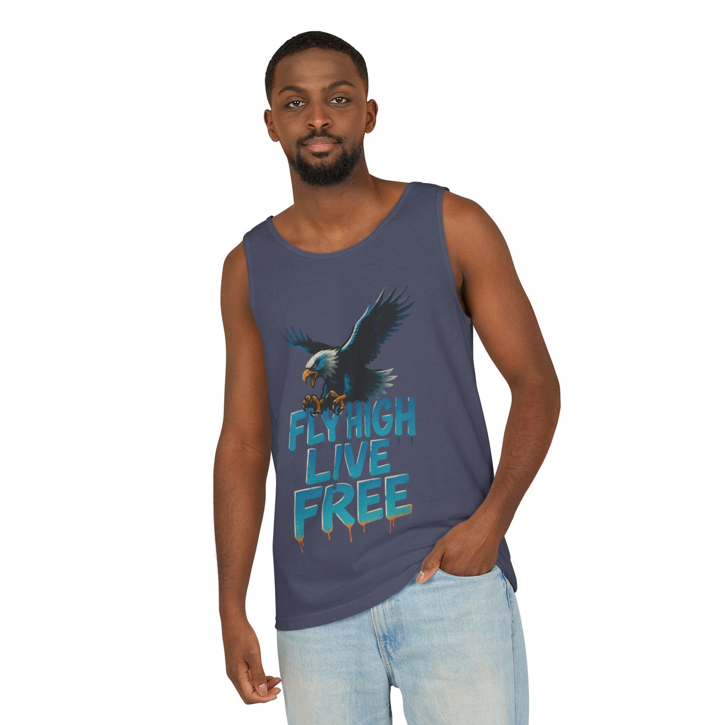 Mens Garment-Dyed Tank Top, Fly High Live Free Eagle Mens Tank Top Gym Wear