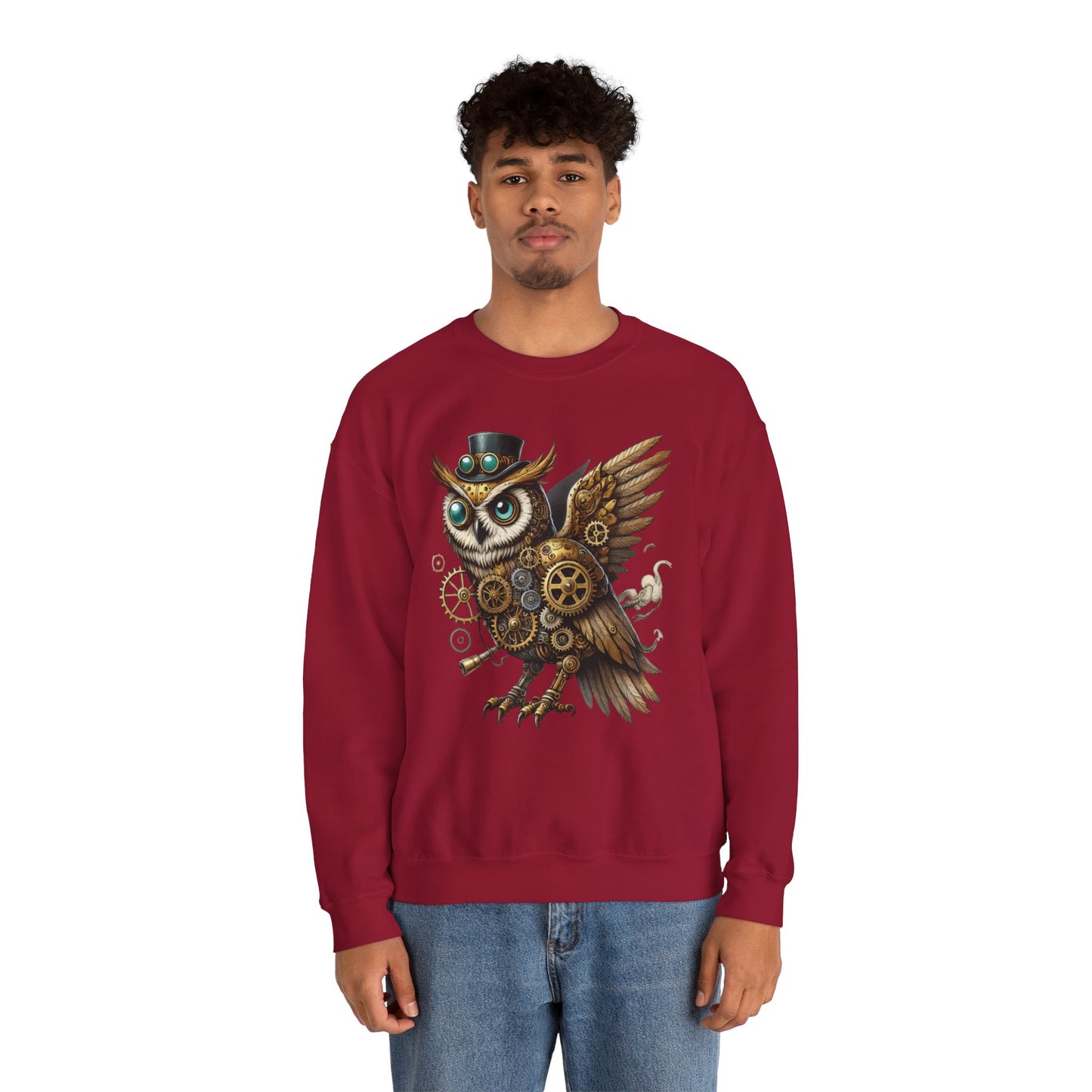 Steampunk Owl Unisex Crewneck Sweatshirt, Vintage Mechanical Gears Fantasy Bird Graphic Pullover, Gift for Owl Lovers