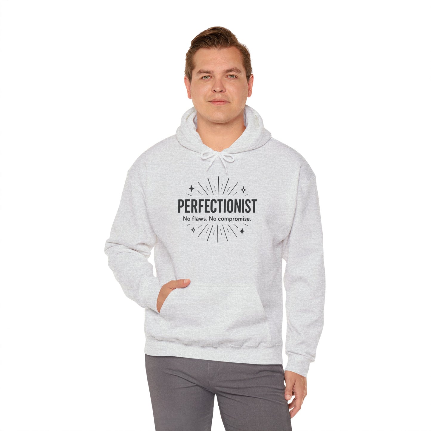 Mens Perfectionist Hoodie, No Flaws No Compromise Sweatshirt, Clean Bold Motivational Pullover, OCD Inspired Gift for Him