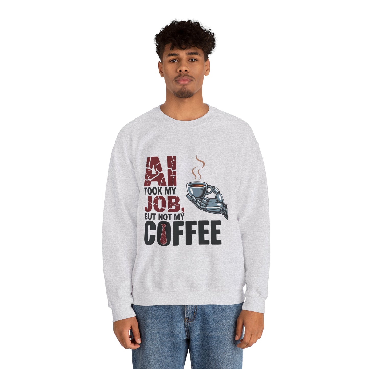 Men's AI Coffee Sweatshirt, Funny Robot Humor Pullover, Geek Sarcastic Job Joke Top, Men's Heavy Blend™ Crewneck Sweatshirt, Office Humor