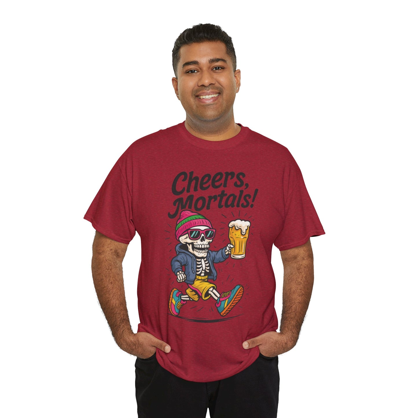 Cheers, Mortals! Mens Tee, Funny Skeleton Beer Graphic Tee, Cool Drinking Humor Shirt, Party Gift for Him, Halloween Tee, Beer Lovers Gift