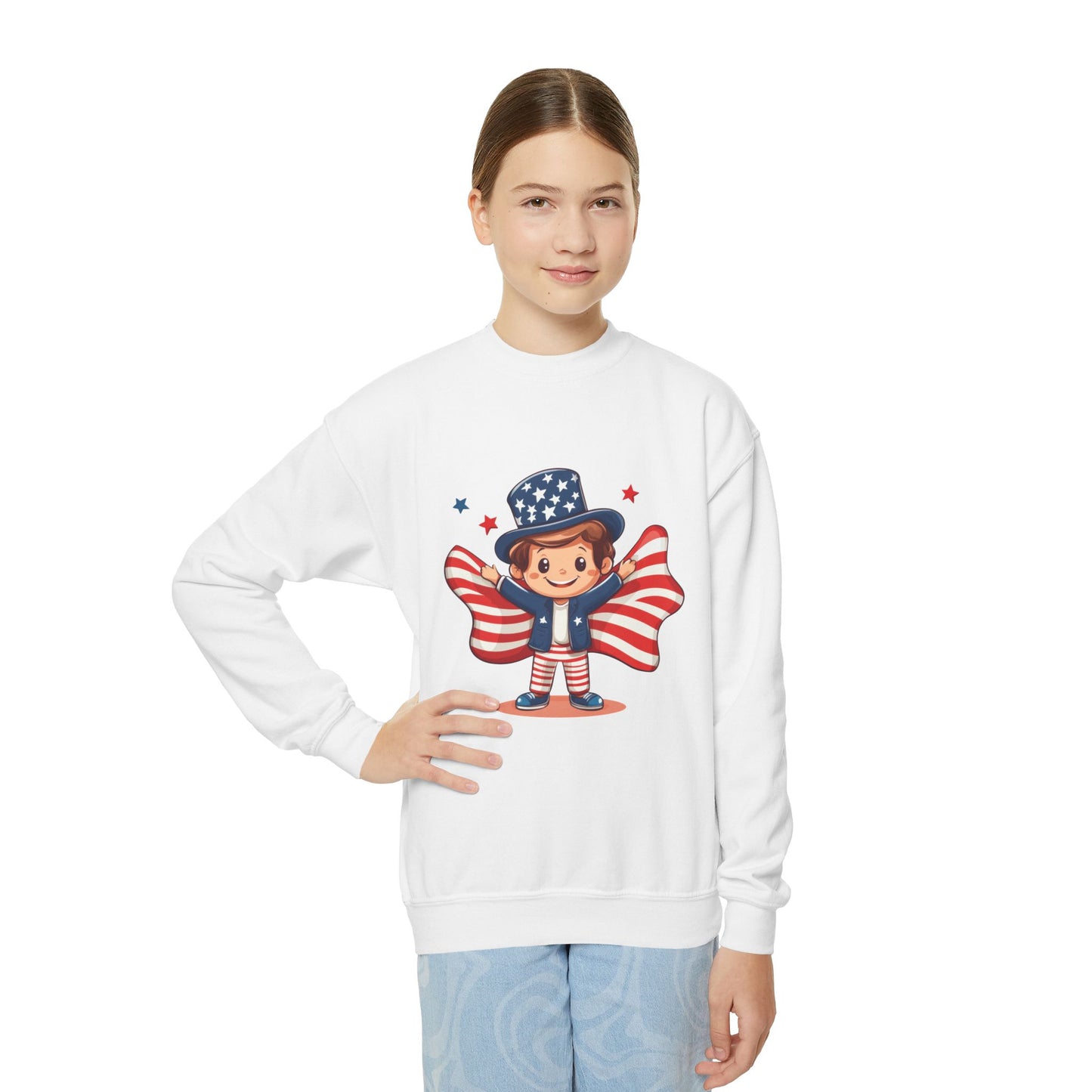 Patriotic Youth Crewneck Sweatshirt, Kids Flag Sweatshirt, July 4th Outfit, Independence Day Gear, Americana Sweatshirt, Holiday Clothing