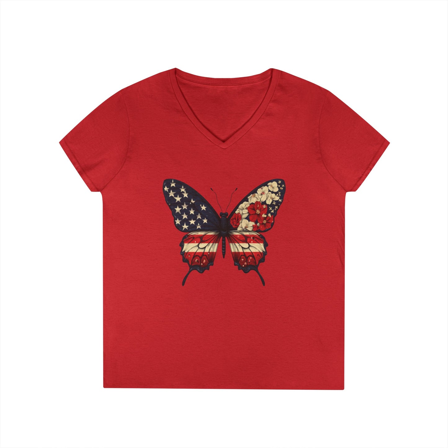 Patriotic Butterfly V-Neck T-Shirt, Summer Style, Gifts for Her, Independence Day, Casual Wear, Nature Lovers