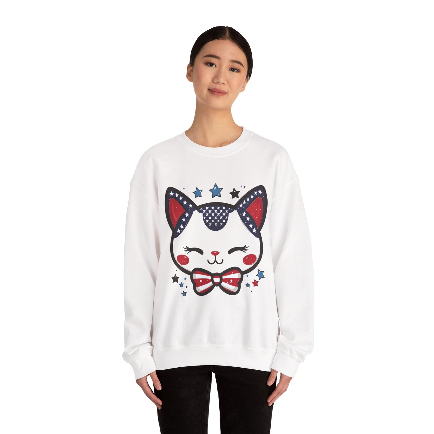 Cute Patriotic Cat Graphic Sweatshirt, Cozy Women's Crewneck, Cat Lover Gift, Fourth of July, Perfect for Holidays and Celebrations