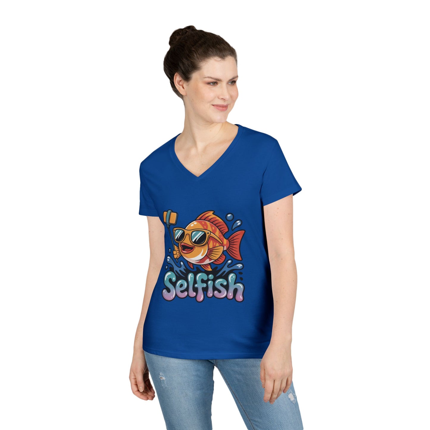 Ladies' V-Neck T-Shirt, Funny Selfie Fish Graphic Womens Tee, Playful Pun Gift for Her, Summer Vibes, Unique Beach Shirt, Outdoor Adventures