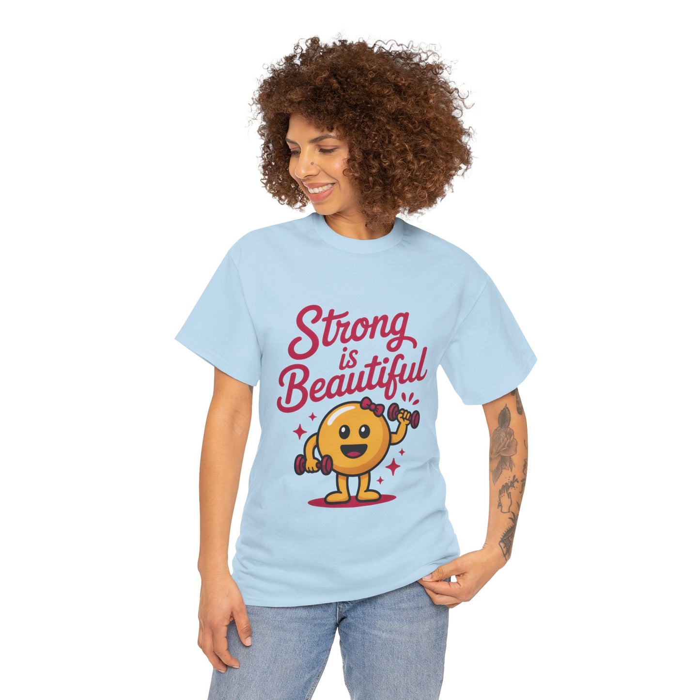 Strong is Beautiful Womens T-Shirt, Cute Fitness Character Graphic Tee, Inspirational Workout Shirt, Gym Motivation Gift for Her