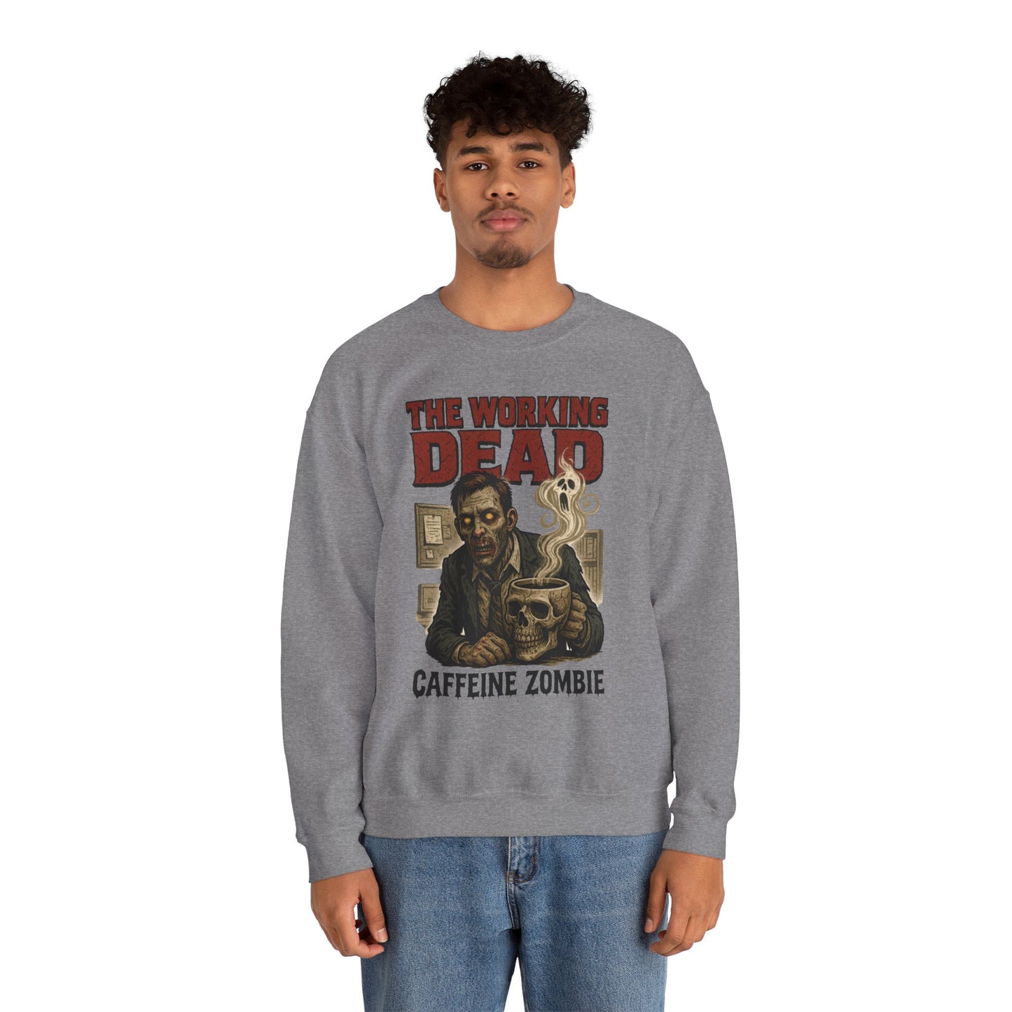 The Working Dead Men's Funny Zombie Sweatshirt, Office Humor Crewneck, Halloween Zombie Top, Coffee Zombie Sweatshirt