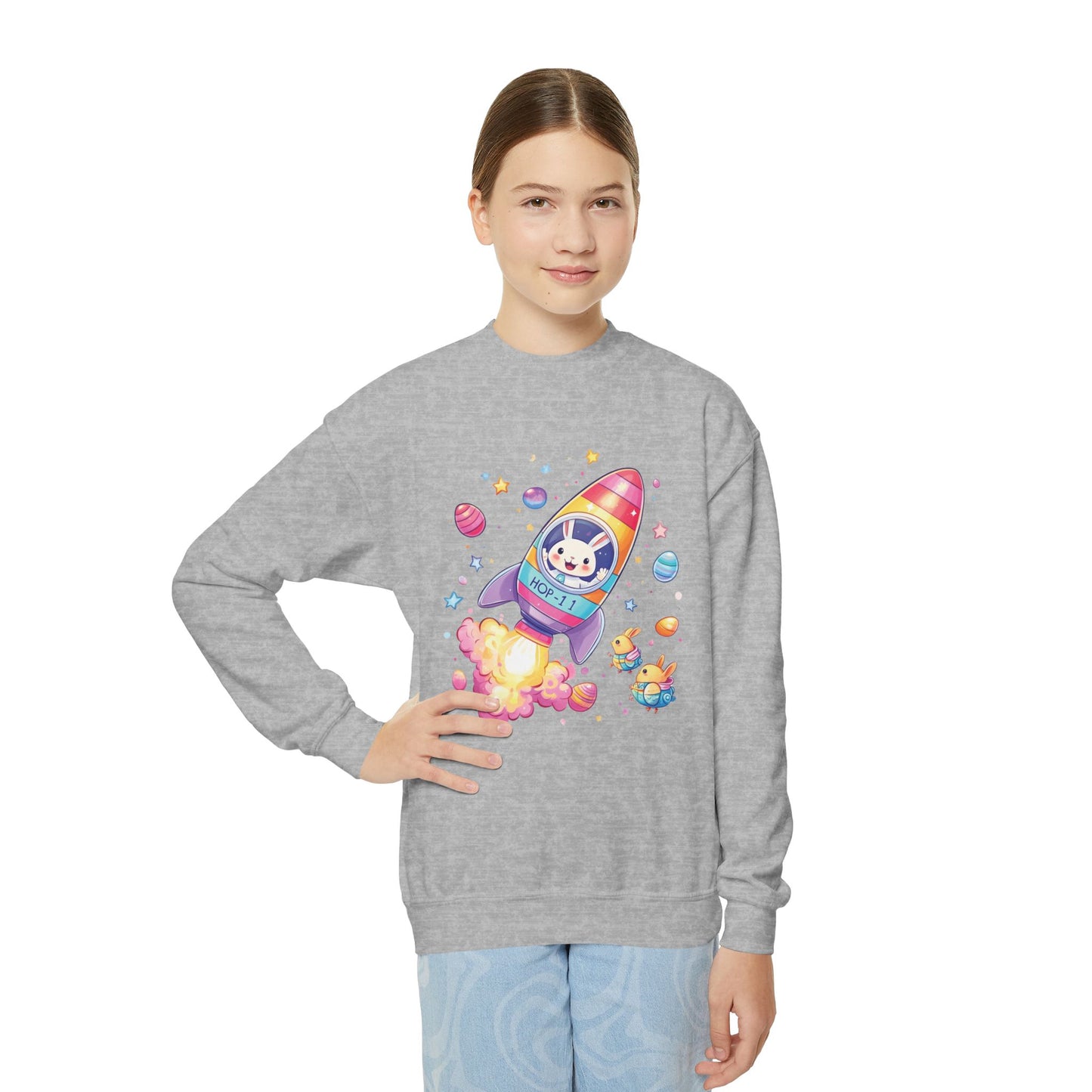 Astronaut Easter Bunny Youth Sweatshirt - Cute Rocket Bunny Design, Space Adventure Spring Shirt, Fun Holiday Gift for Kids