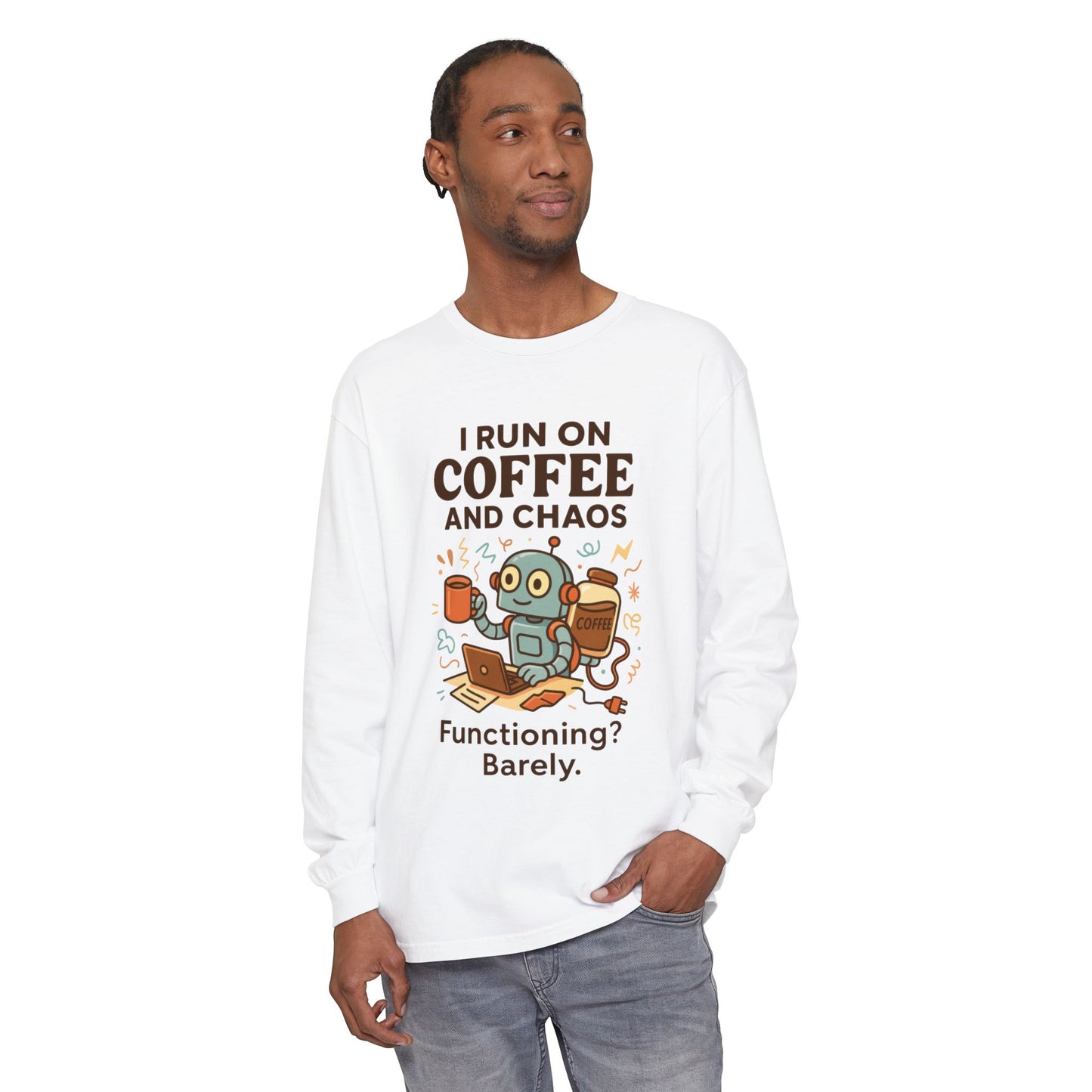 Coffee Chaos Long Sleeve Tee, Funny T-Shirt, Quirky Gift for Coffee Lovers, Unisex Top for Busy Lives, Work from Home Humor Tee