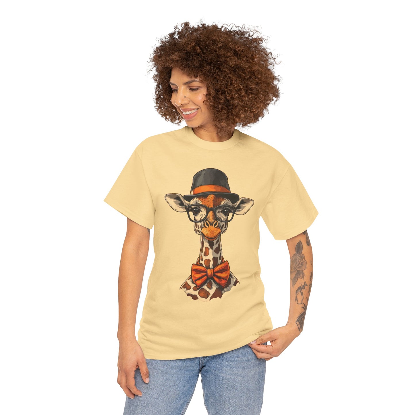Hipster Giraffe T-Shirt with Hat and Glasses, Whimsical Giraffe Tee, Fun Gift, Cute Graphic Shirt, Unisex Heavy Cotton Tee