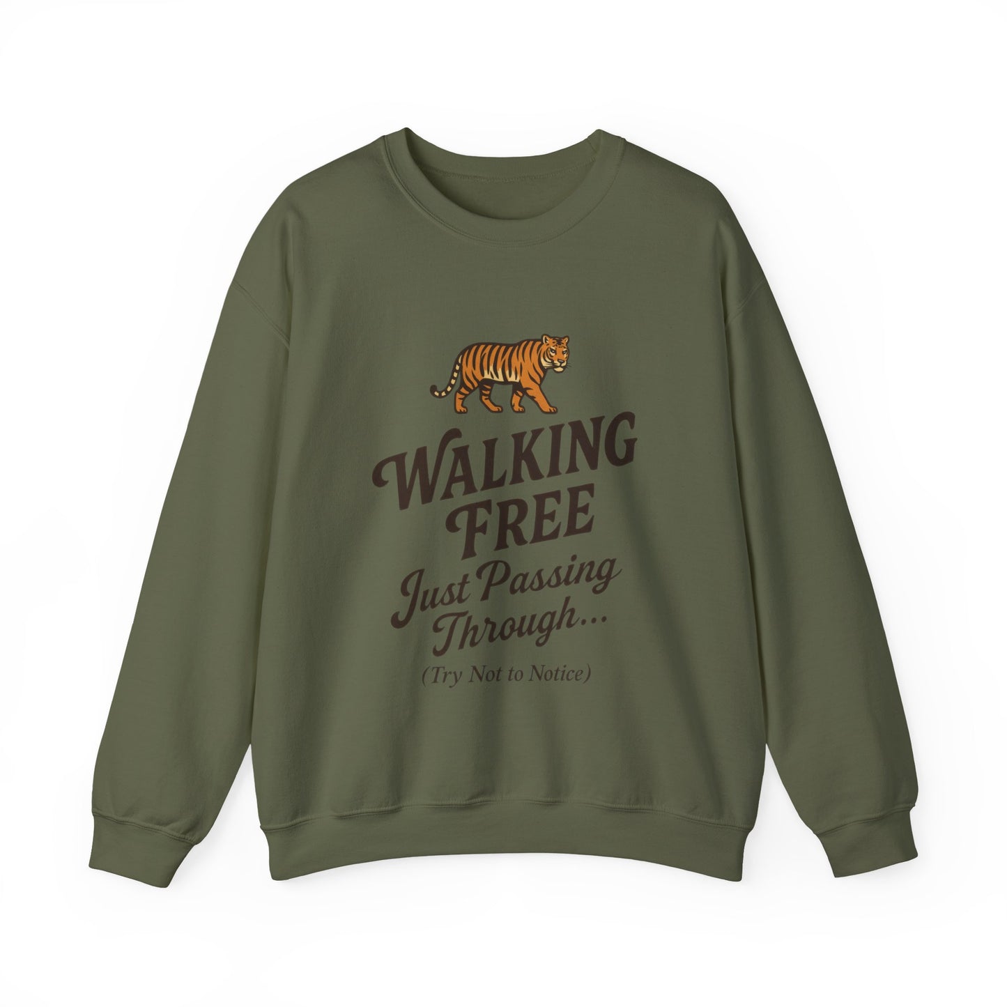 Funny Tiger Mens Crewneck Sweatshirt - Walking Free Cozy Wild Animal Pullover - Motivational Sweatshirt, Inspirational Apparel