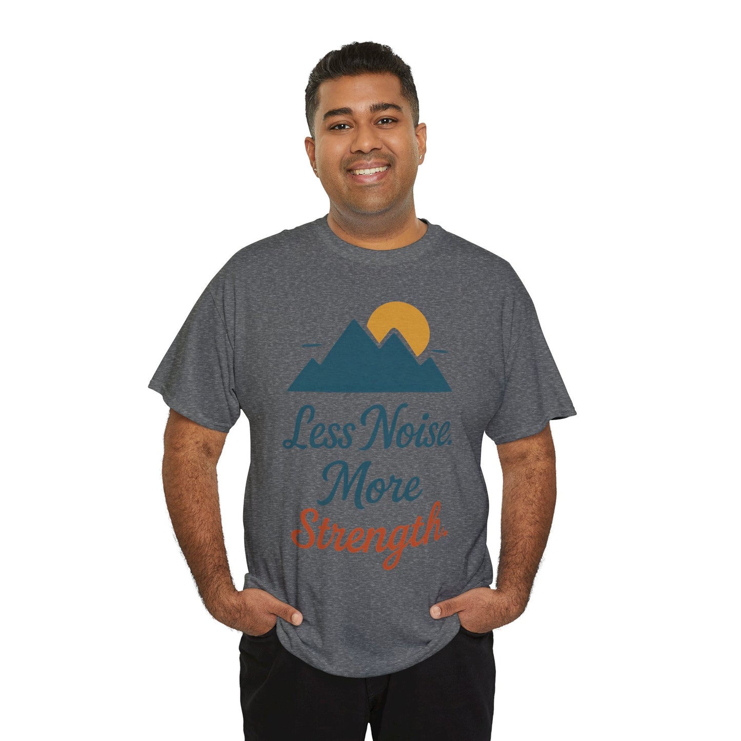 Mens Less Noise More Strength Mountain T-Shirt, Motivational Gym Hiking Tee