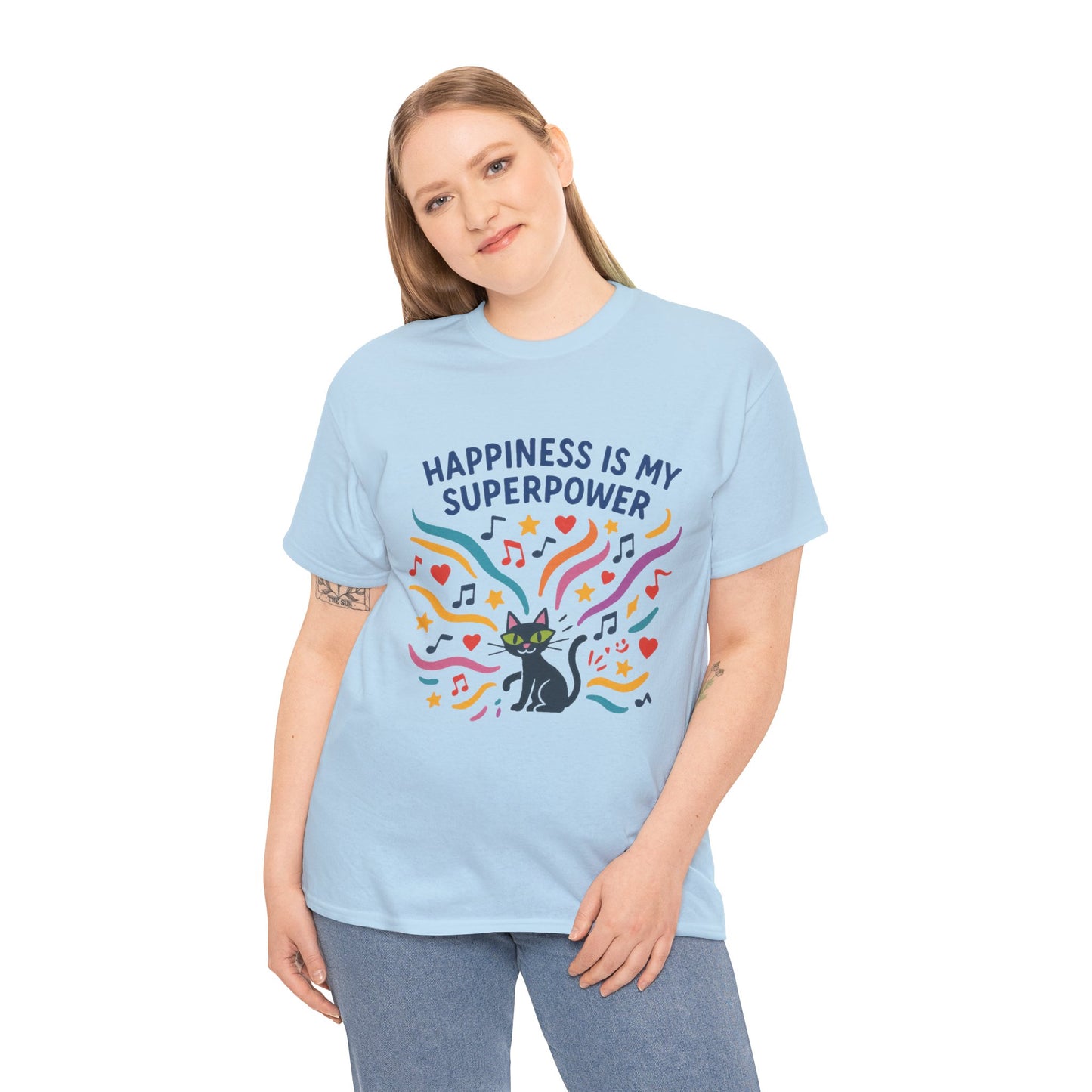 Happiness is My Superpower Tee - Fun Womens Cotton T-Shirt, Gift for Cat Lovers, Cute Pet Apparel, Everyday Wear, Positive Vibes