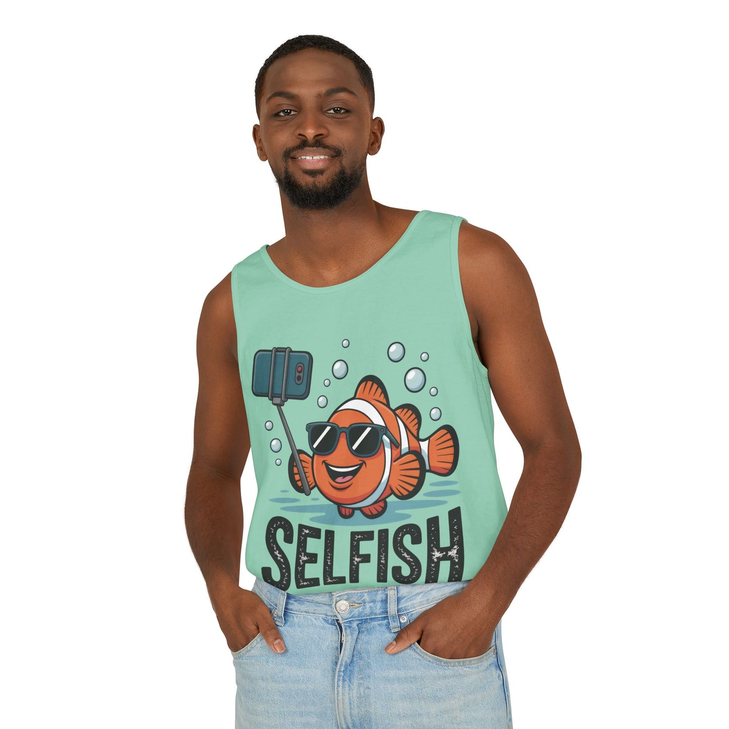 Mens Garment-Dyed Tank Top, Mens Selfish Funny Fish Tank Top, Cute Selfie Graphic Shirt, Ocean Humor Top