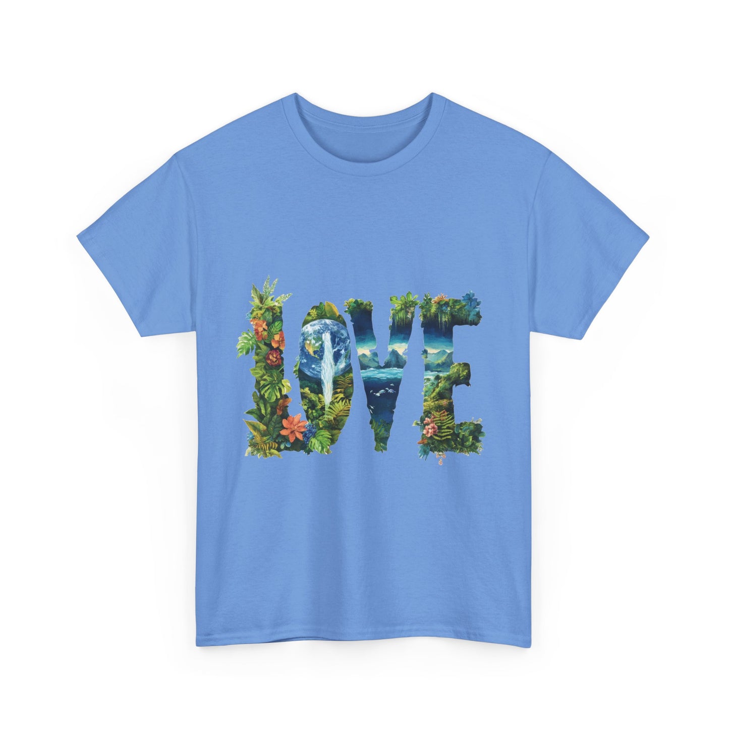 LOVE Nature Art Womens Heavy Cotton Tee, Earth Day Jungle Forest Graphic T-Shirt, Eco Friendly Gift Shirt, Nature-Inspired Love Tee
