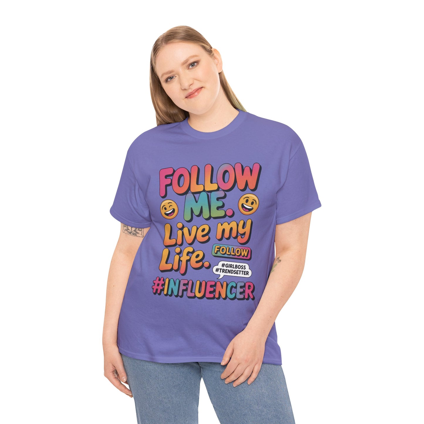 Womens Heavy Cotton Tee, Influencer Graphic Tee, Follow Me Live My Life Shirt, Colorful Trendy GirlBoss T-Shirt, Trendsetter Summer Wear