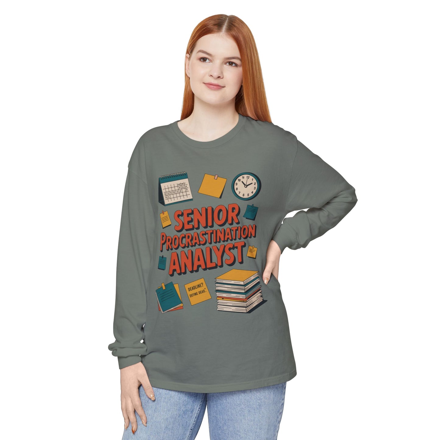 Senior Procrastination Analyst Long Sleeve Tee, Funny Work Shirt,Gift for Analysts, Office Humor, Meme Long Sleeve, Motivation Humor Apparel