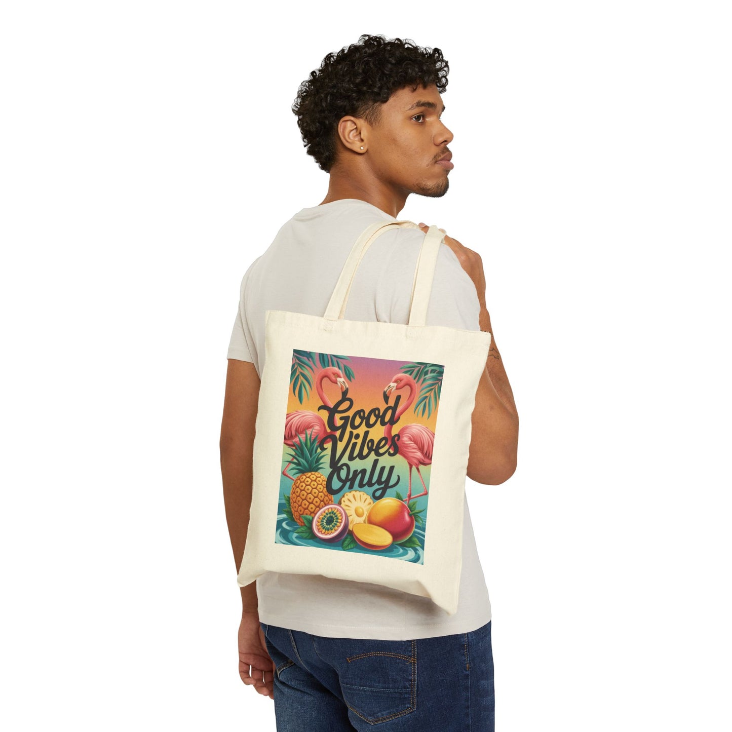 Tote Bag with Tropical Design, Good Vibes Only, Beach Tote, Eco-Friendly Bag, Summer Gift, Grocery Tote, Fun Shopping Bag, Flamingo Pattern