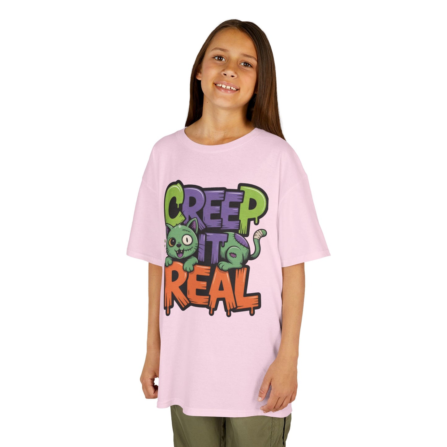 Creep It Real Kids Halloween Shirt, Cute Zombie Cat Graffiti Style T-Shirt for Boys & Girls