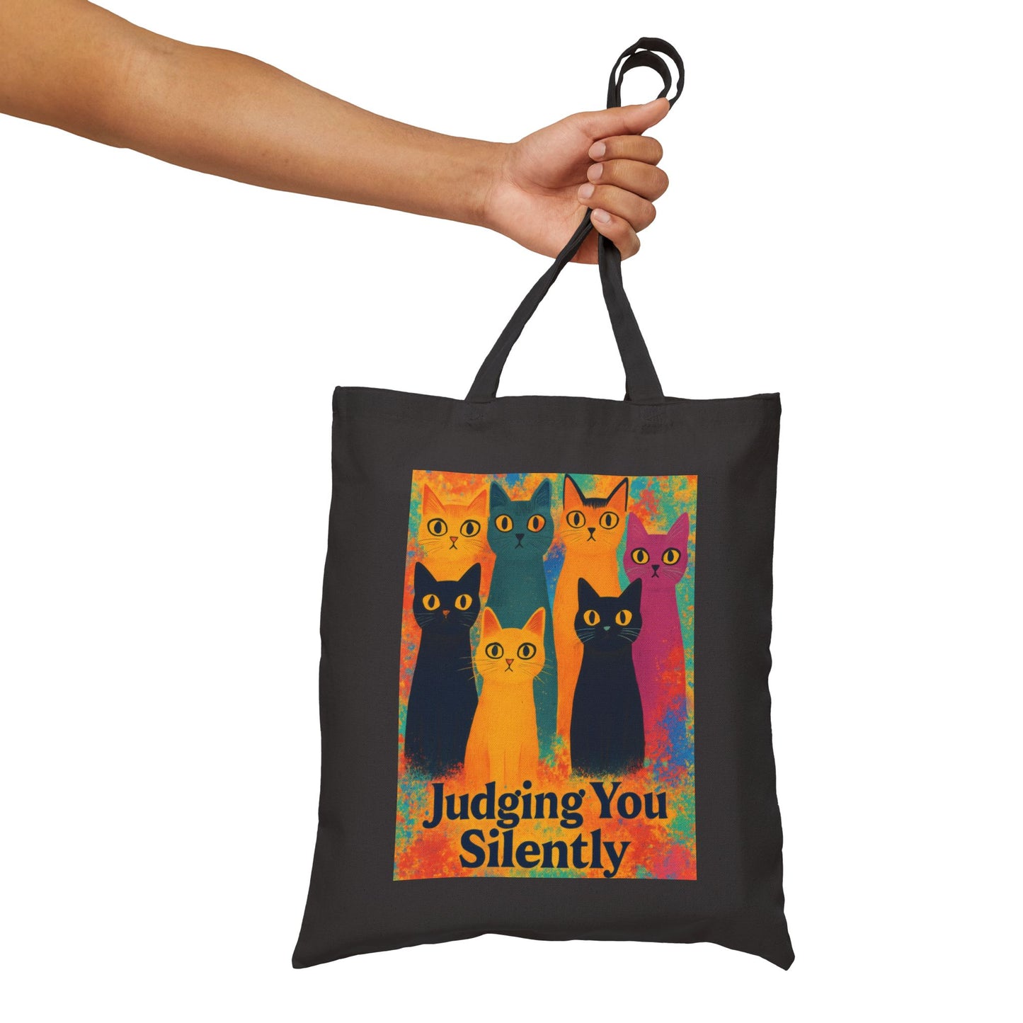 Colorful Funny Cat Illustration Tote Bag, Judging You Silently, Artistic Rainbow Cat Lover Gift, Pet-themed Bag