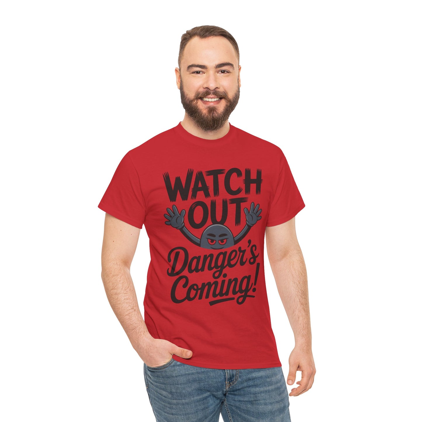 Funny "Watch Out" Cartoon Character T-Shirt, Sketch Style Unisex Heavy Cotton Tee, Minimalist Humorous Graphic Tee, Gift for Him/Her