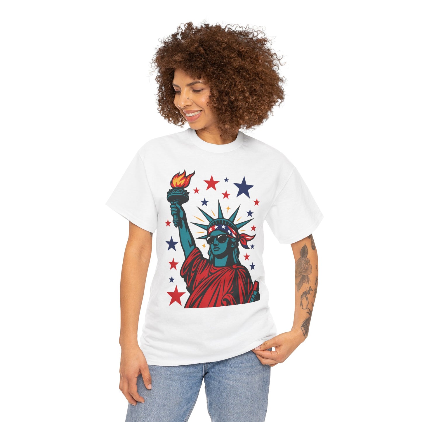 Lady Liberty Pop Art T-Shirt, Patriotic 4th of July Women’s Tee, Retro USA Bandana Statue Shirt