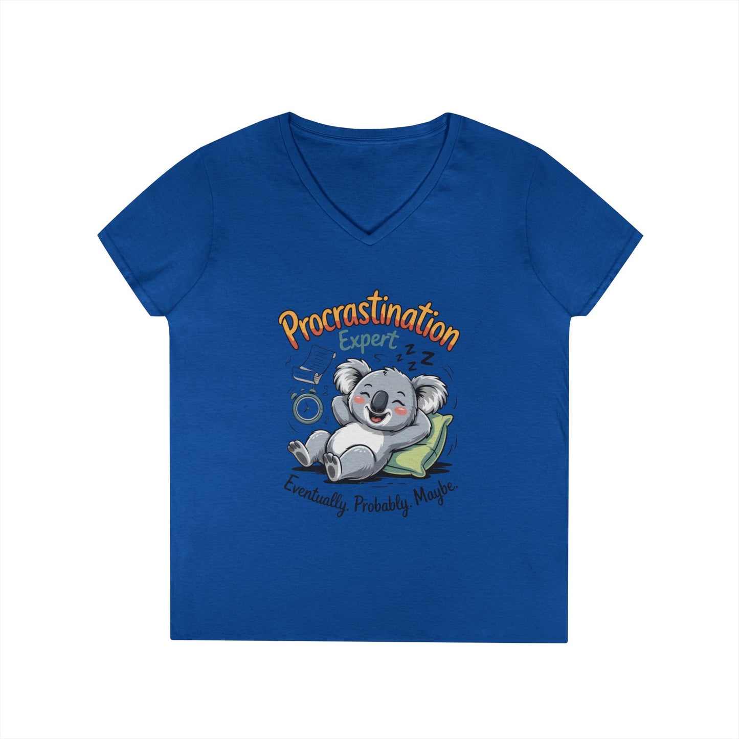 Procrastination Expert Ladies' V-Neck T-Shirt, Fun Tee for Lazy Days, Gift for Students, Casual Wear, Motivational Shirt, Cute Koala Design