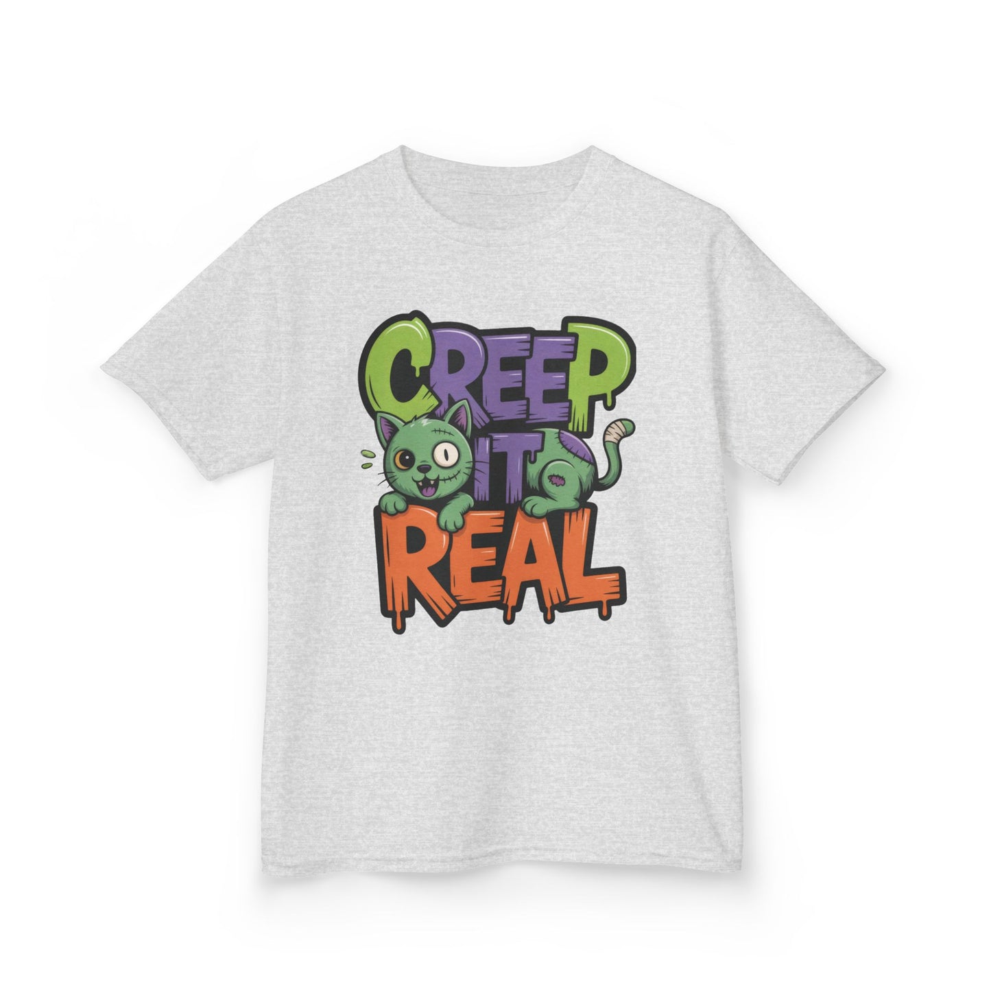 Creep It Real Kids Halloween Shirt, Cute Zombie Cat Graffiti Style T-Shirt for Boys & Girls