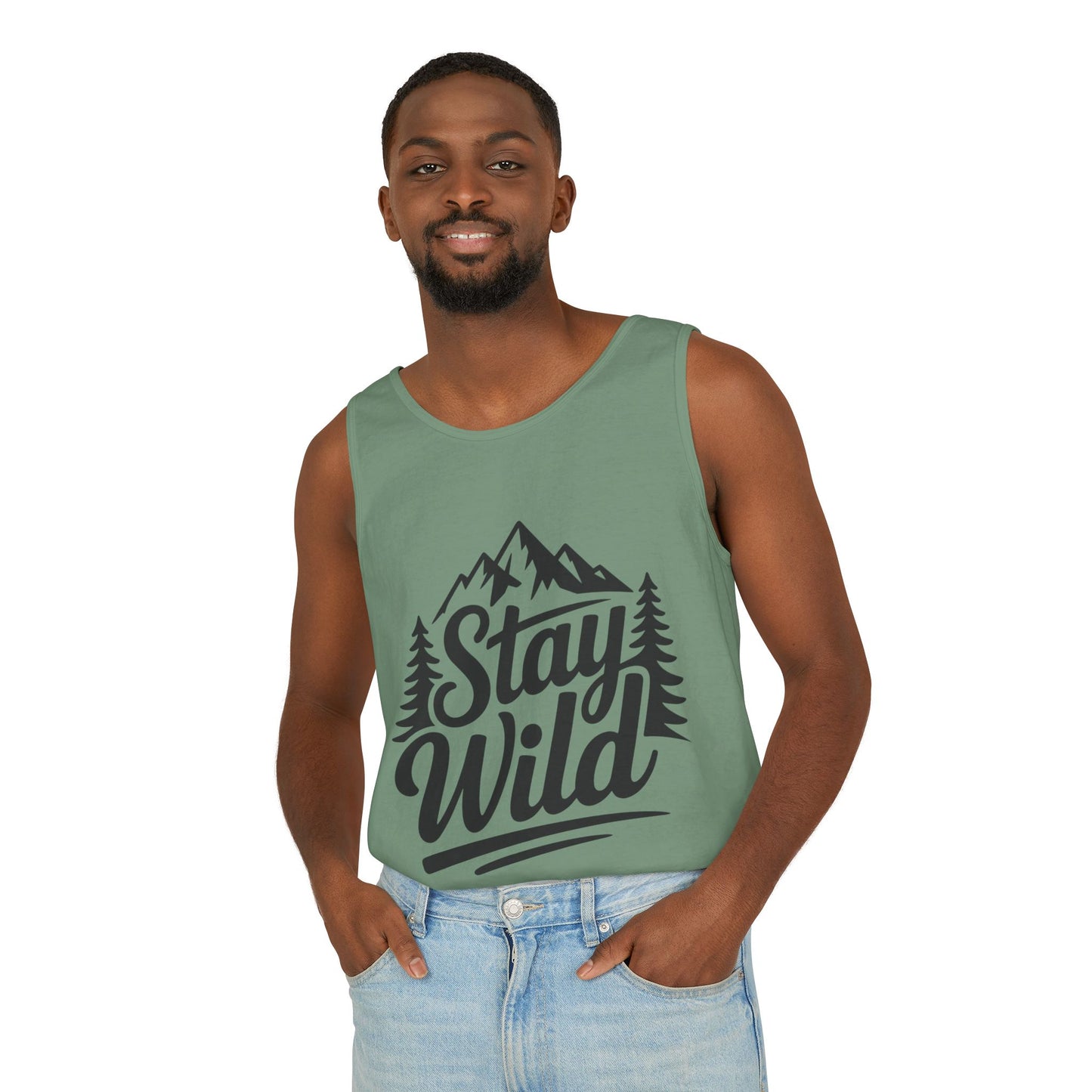 Stay Wild Garment-Dyed Mens Tank Top, Boho Summer Top, Adventure Shirt, Nature Lover Apparel, Gift for Hikers, Outdoor Clothing