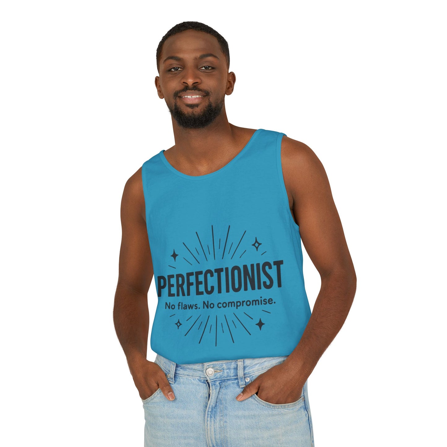 Mens Perfectionist Tank Top, No Flaws No Compromise, Minimal Bold Graphic Tee, Gift for OCD, Clean Freak, or Detail-Oriented Men