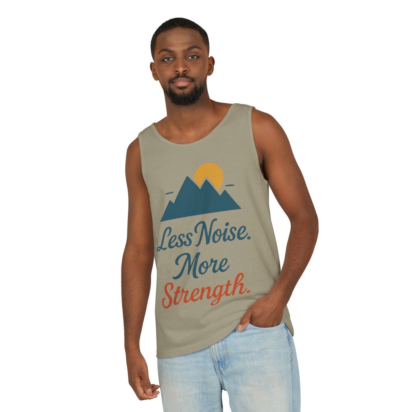 Mens Garment-Dyed Tank Top, Mens Less Noise More Strength Tank Top, Minimal Mountain Fitness Graphic Shirt