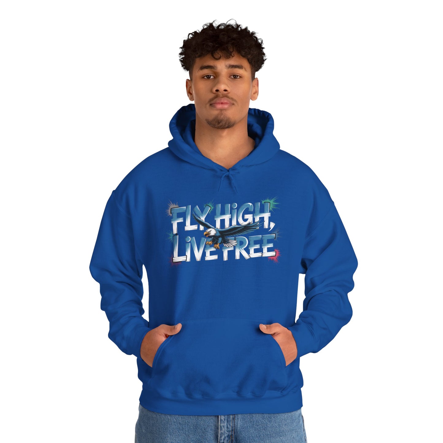 Mens Heavy Blend™ Hooded Sweatshirt, Fly High Live Free Eagle Mens Hoodie Streetwear