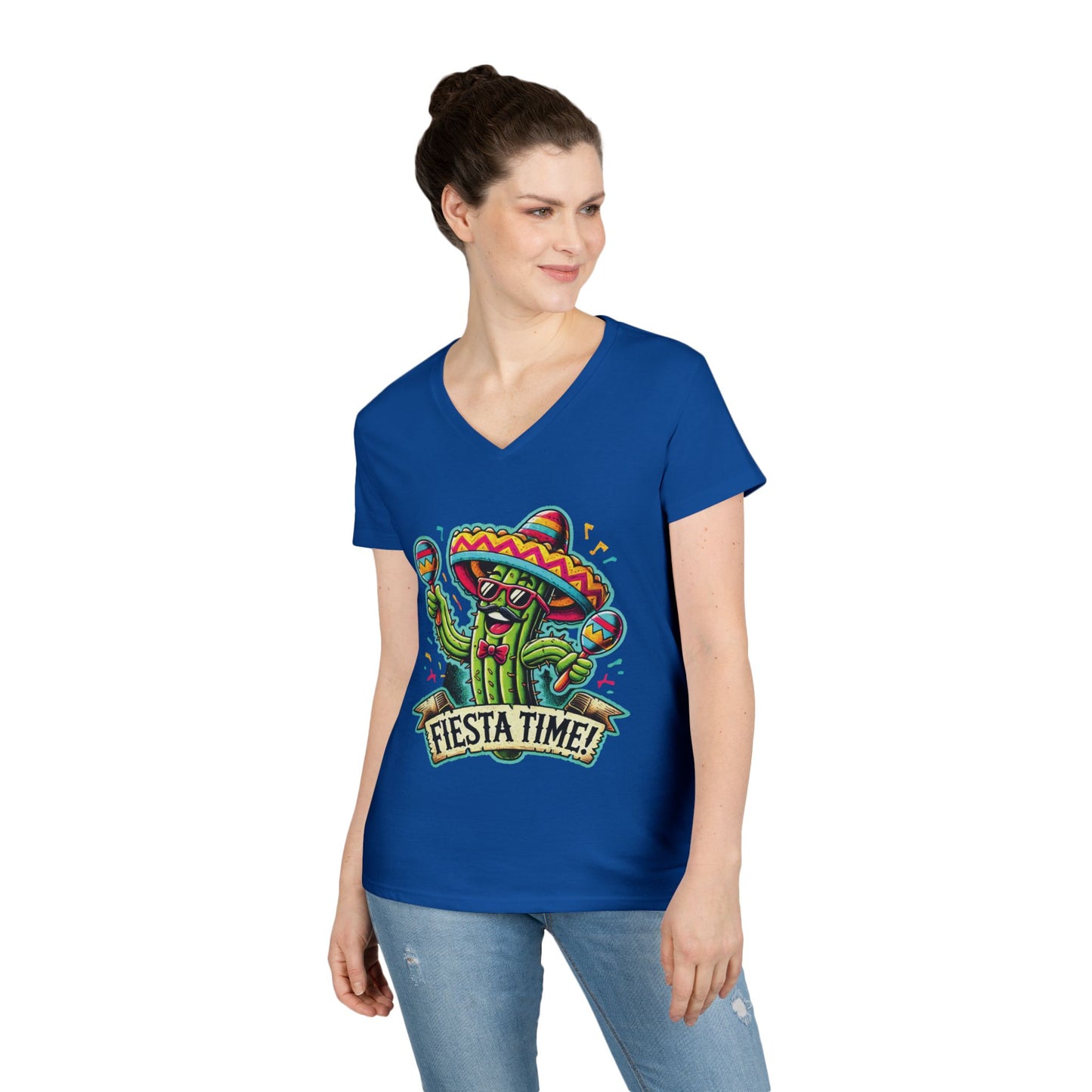 Fiesta Time Cactus Ladies' V-Neck T-Shirt, Funny Sombrero Mexican Party Tee, Cinco de Mayo Gift Idea, Fun Summer Tee, Party Wear
