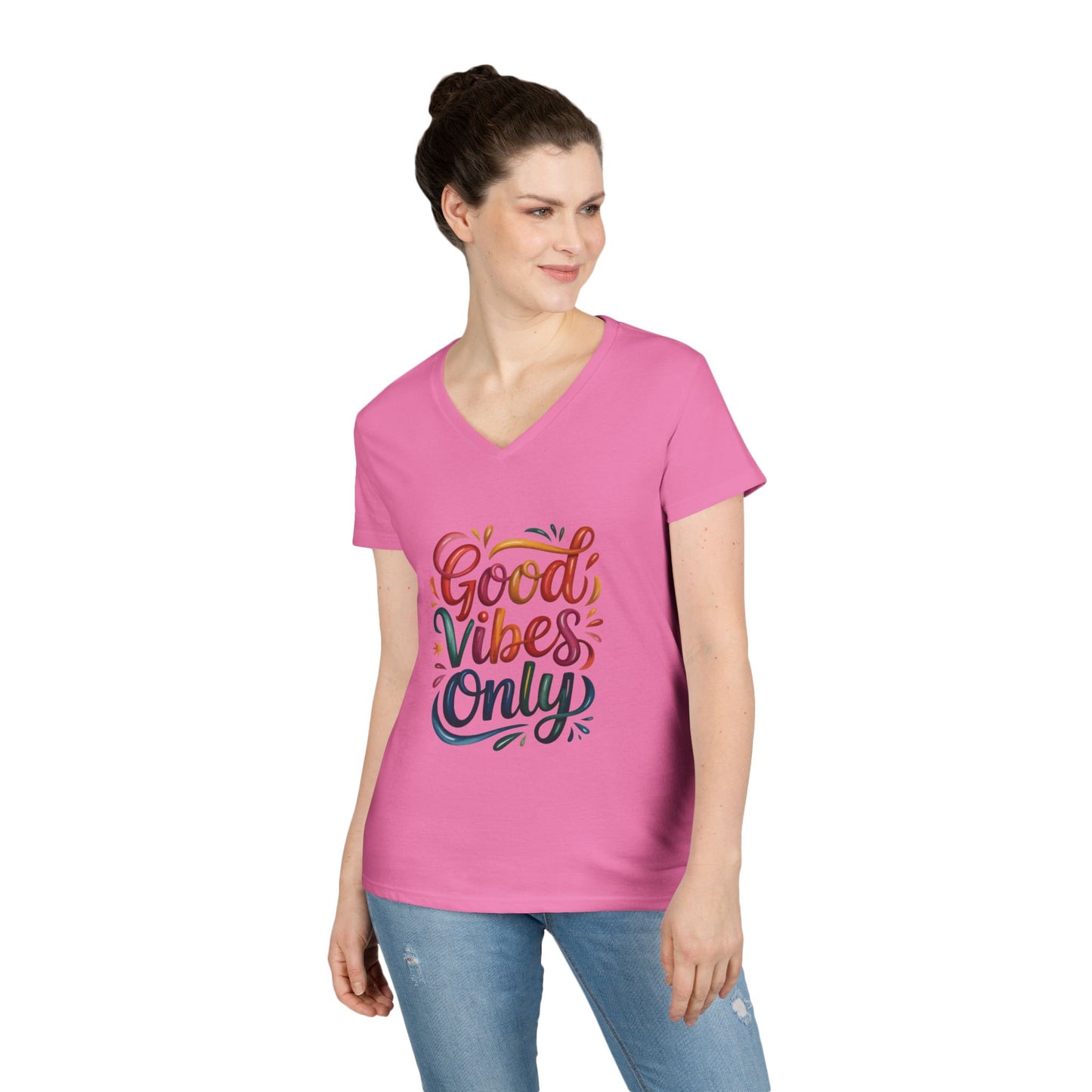 Good Vibes Only Ladies' V-Neck T-Shirt | Positive Message Tee, Casual Wear, Gift for Her, Summer Style, Feel Good Fashion, Positive Energy