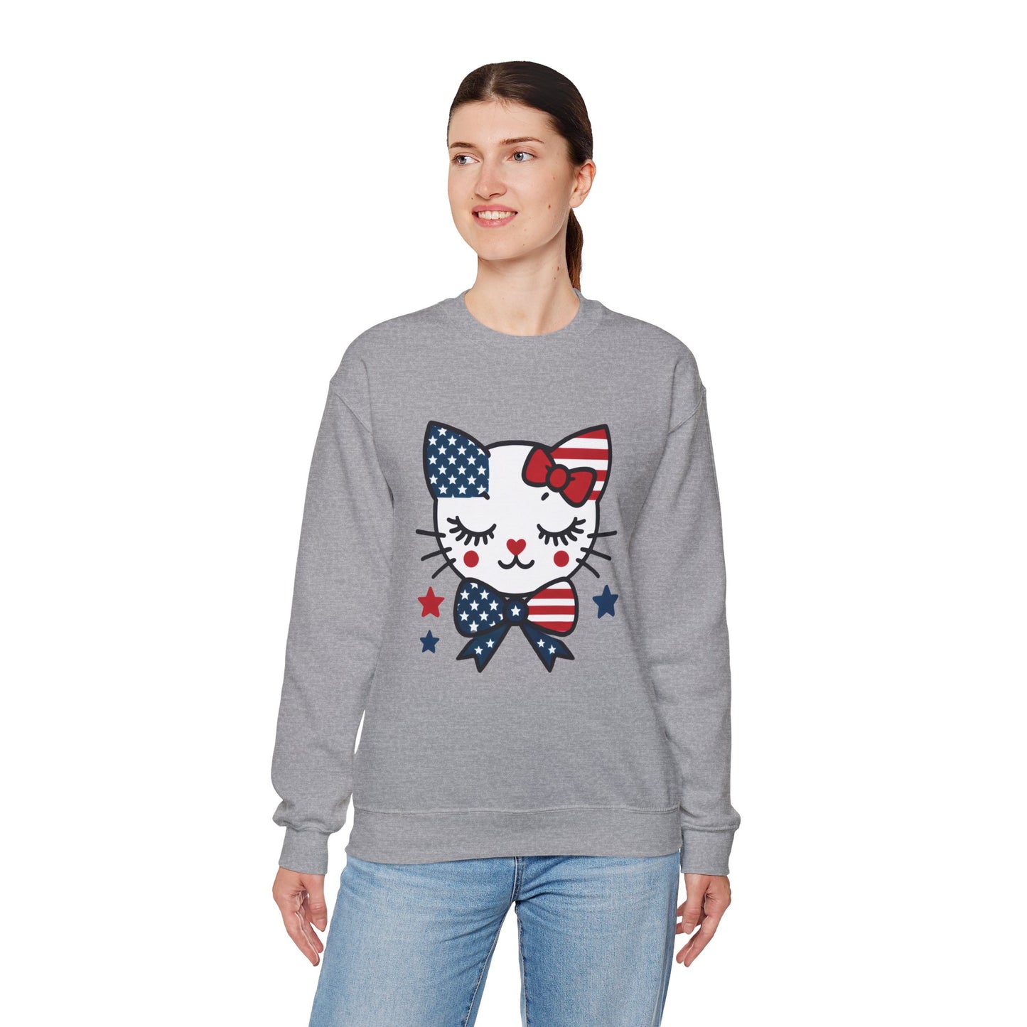 Cute Cat American Flag Sweatshirt, Women's Crewneck, Perfect for 4th of July, Women's Casual Wear, Cat Lovers Gifts