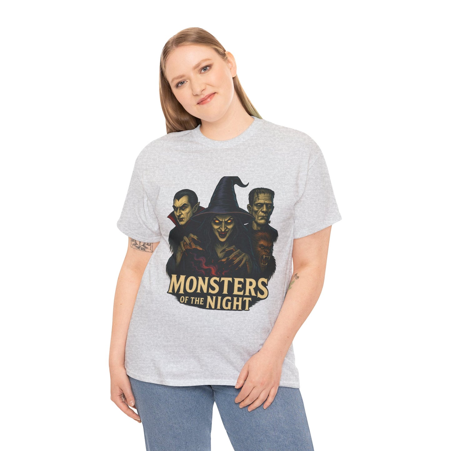 Monsters of the Night Women's T-Shirt, Classic Horror Witch, Vampire, Frankenstein Halloween Tee