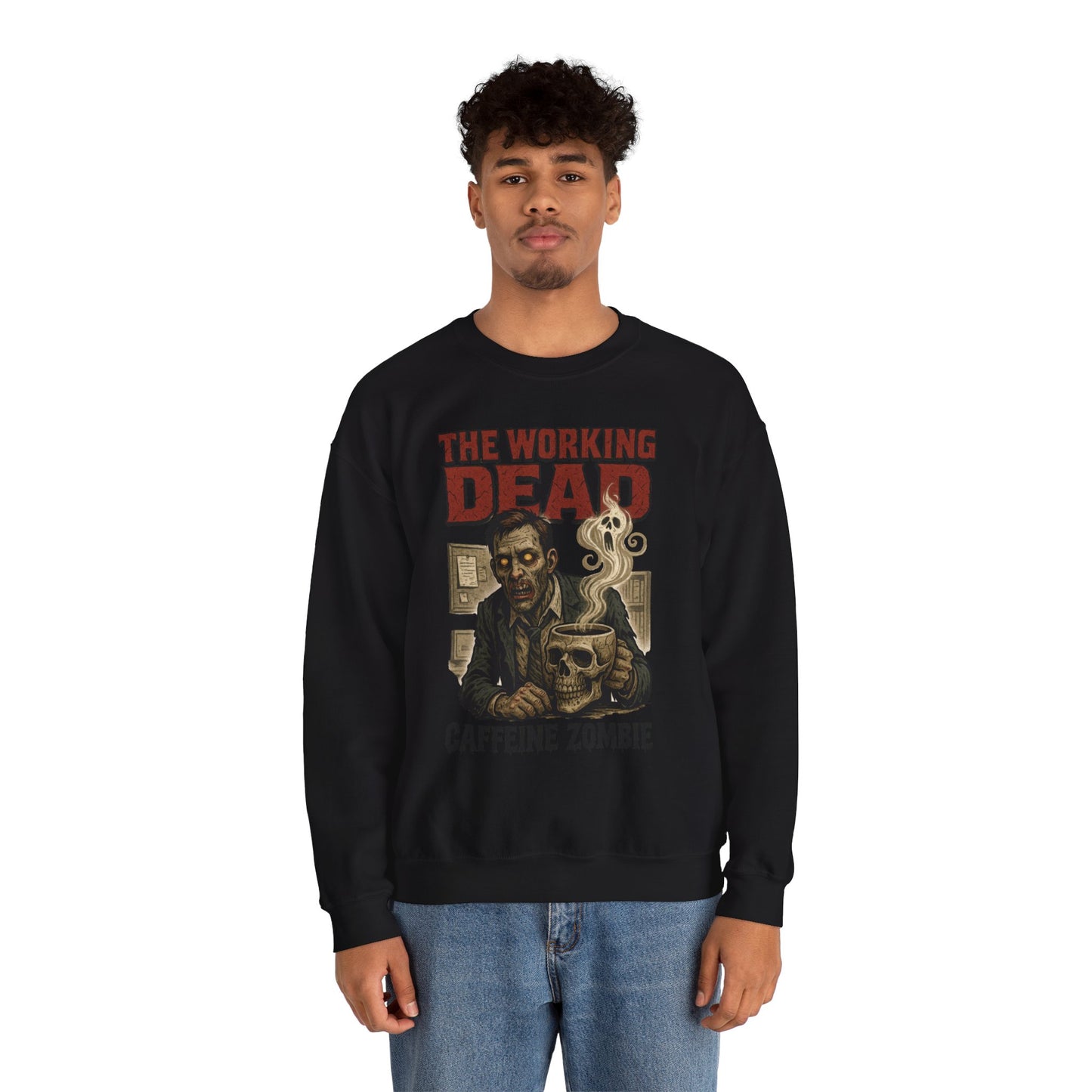 The Working Dead Men's Funny Zombie Sweatshirt, Office Humor Crewneck, Halloween Zombie Top, Coffee Zombie Sweatshirt