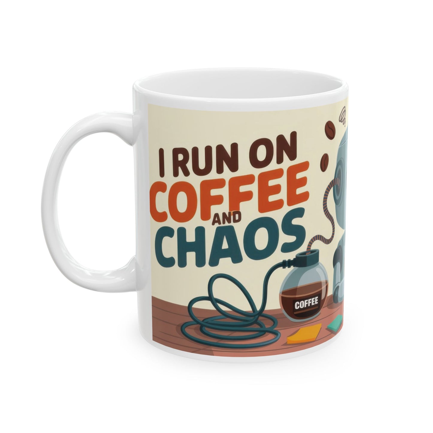 Funny Robot Coffee Mug, I Run on Coffee and Chaos, Tired Office Humor Cup, Lazy Tech Lover Gift, Gift for Coffee Lovers, Office Humor