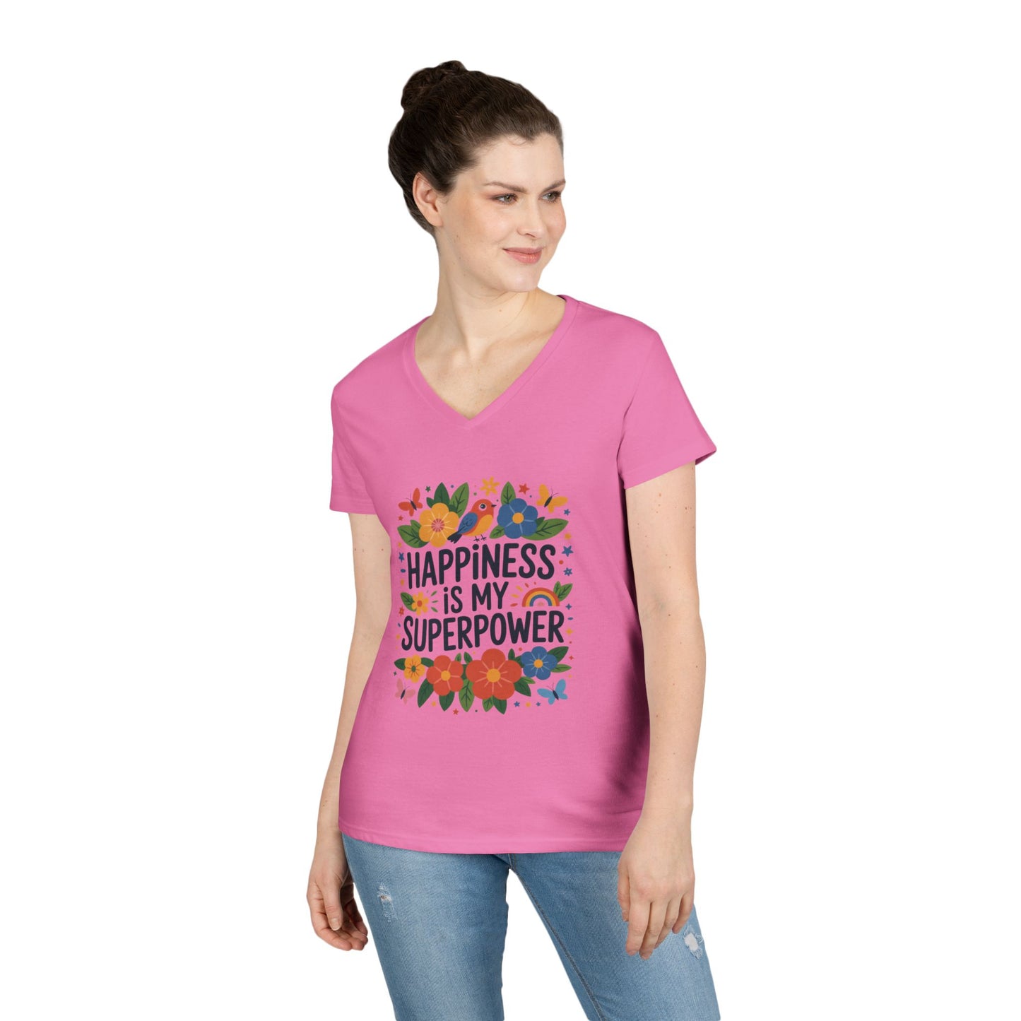Happiness is My Superpower V-Neck T-Shirt, Floral Motivational Tee, Gift for Her, Positive Quote Shirt, Joyful Statement Tee