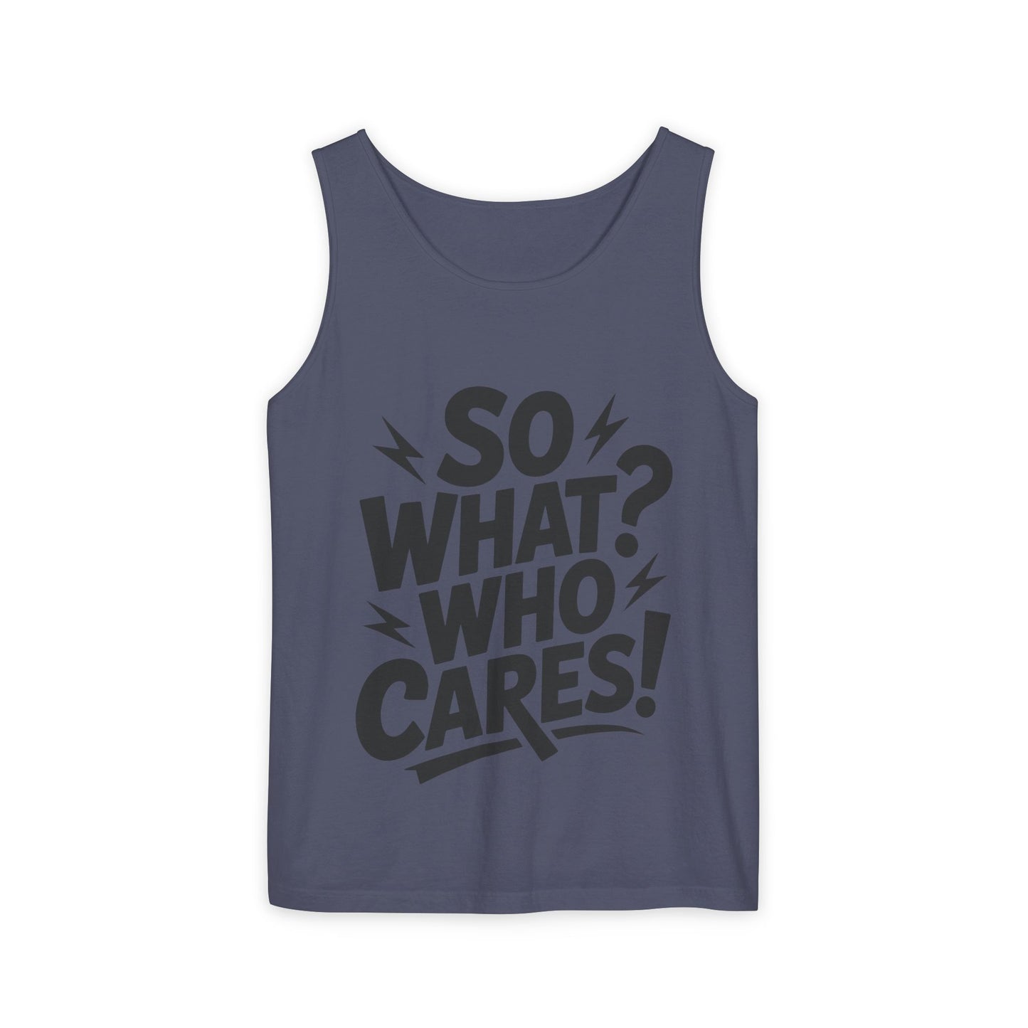 Mens Tank Top, "So What? Who Cares!", Casual Summer Wear, Beach Trip, Festival Outfit, Lightning Print, Sarcastic Summer Tee, Gym Tank
