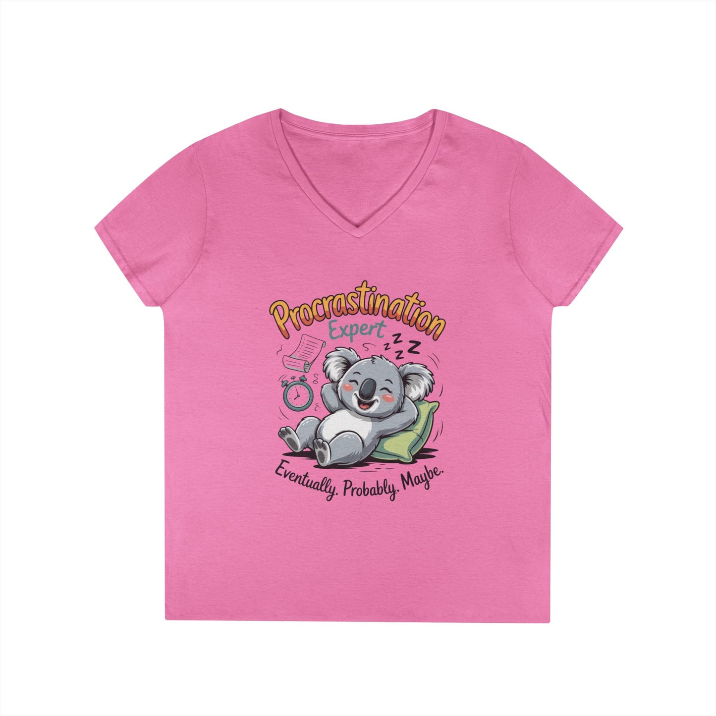 Procrastination Expert Ladies' V-Neck T-Shirt, Fun Tee for Lazy Days, Gift for Students, Casual Wear, Motivational Shirt, Cute Koala Design