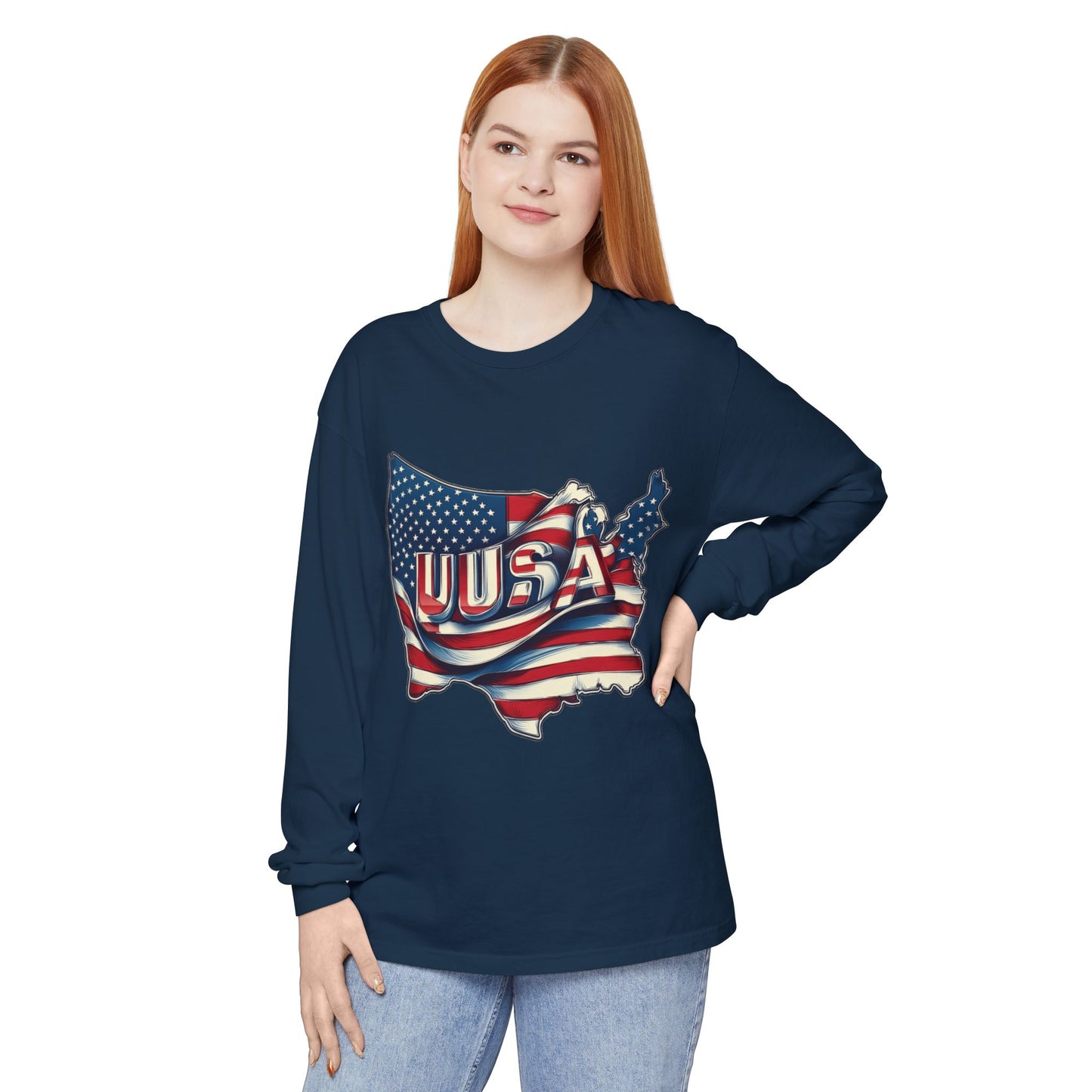 USA Flag Long Sleeve Tee, Unisex Garment-Dyed Shirt, Patriotic Top, All-American Apparel, Independence Day Style, Comfortable Casual Wear