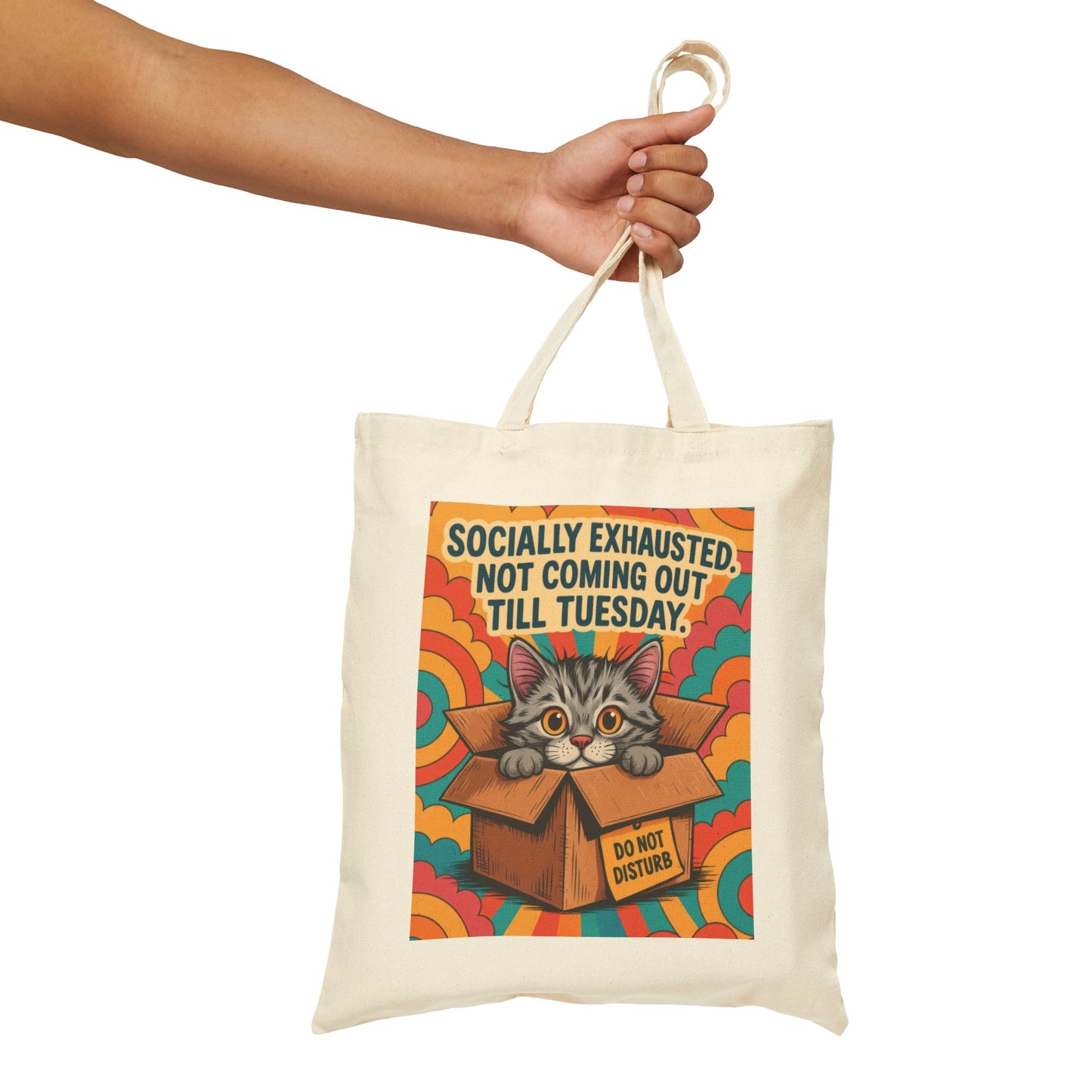 Socially Exhausted Cat Tote Bag, Funny Retro Cat in Box Canvas Bag, Do Not Disturb Comic Bag, Gift for Cat Lovers, Weekend Vibes
